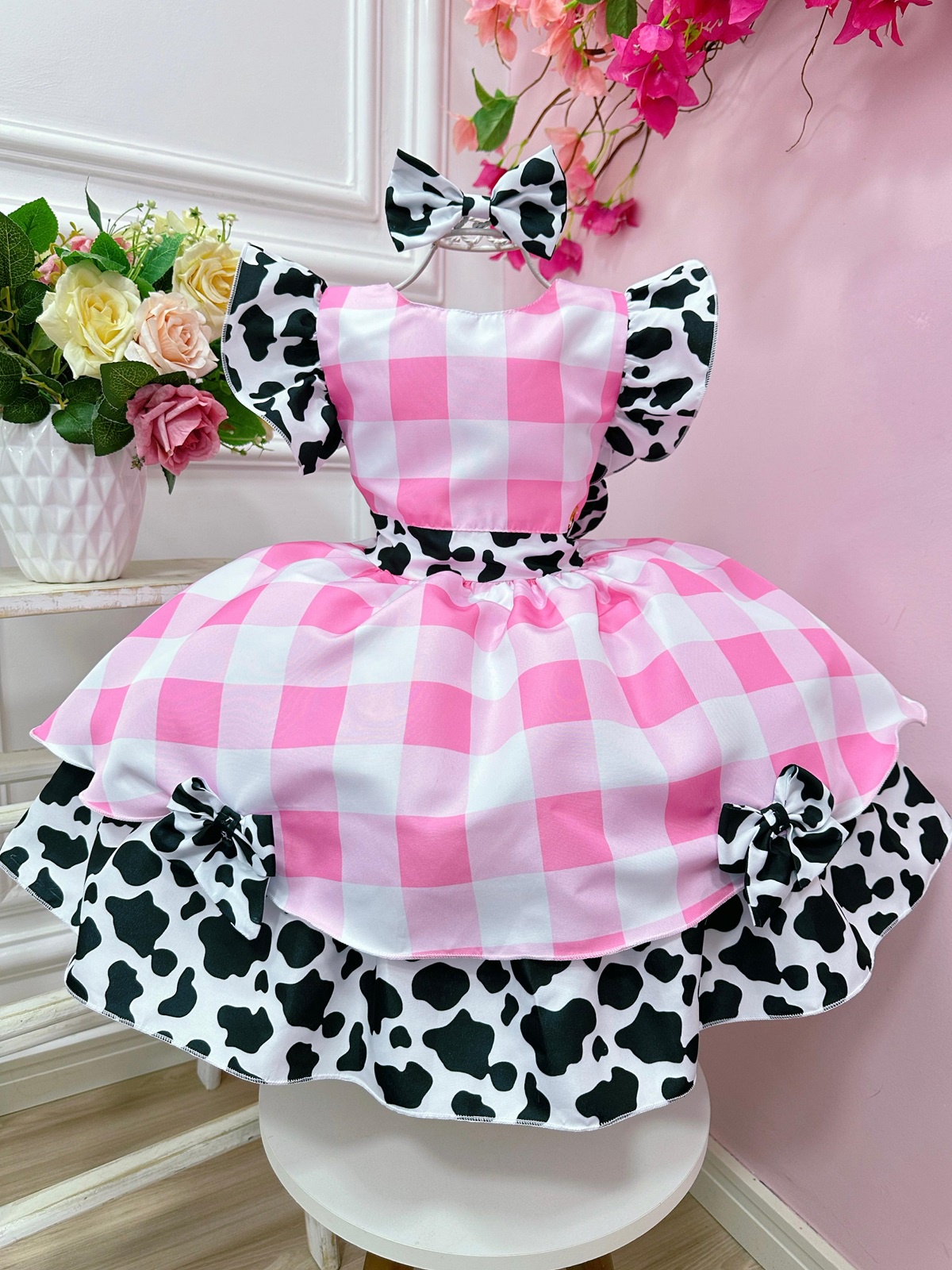 Vestido Infantil Xadrez Branco Rosa Fazendinha Vaquinha Laço