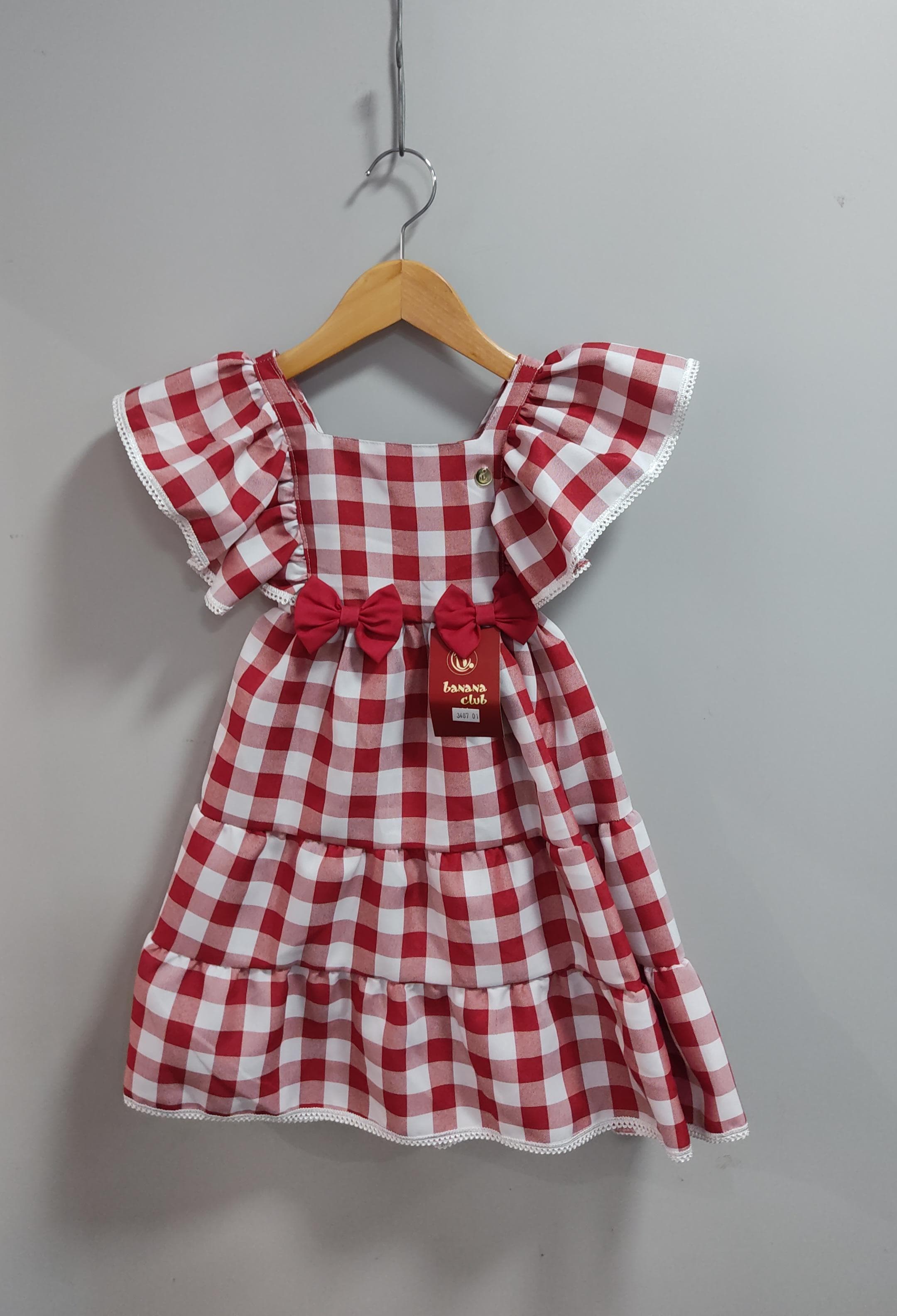 Vestido Infantil Xadrez Marsala e Branco Broche de Lacinhos