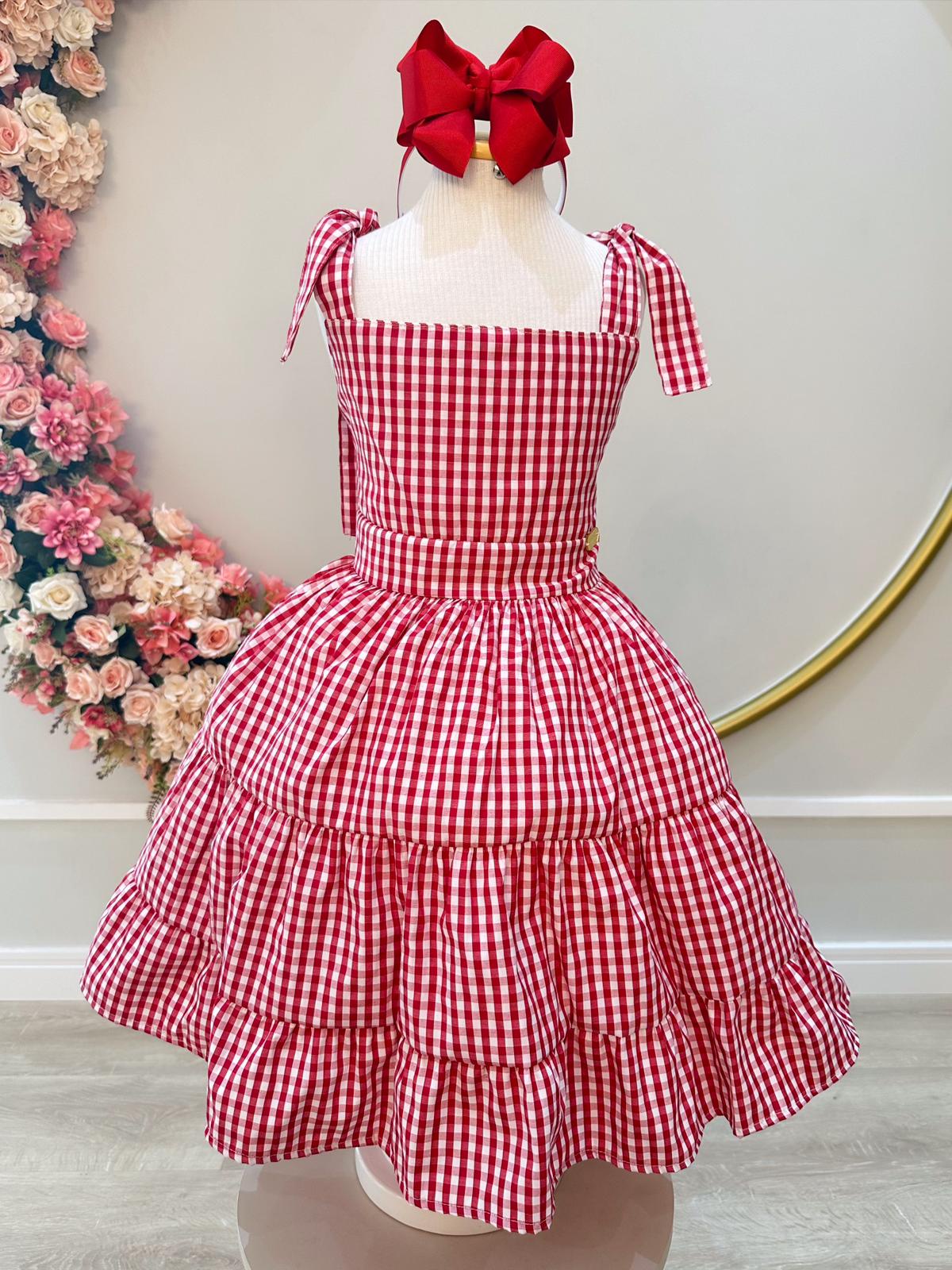 Vestido Infantil Xadrez Primavera Verão Vermelho e Branco