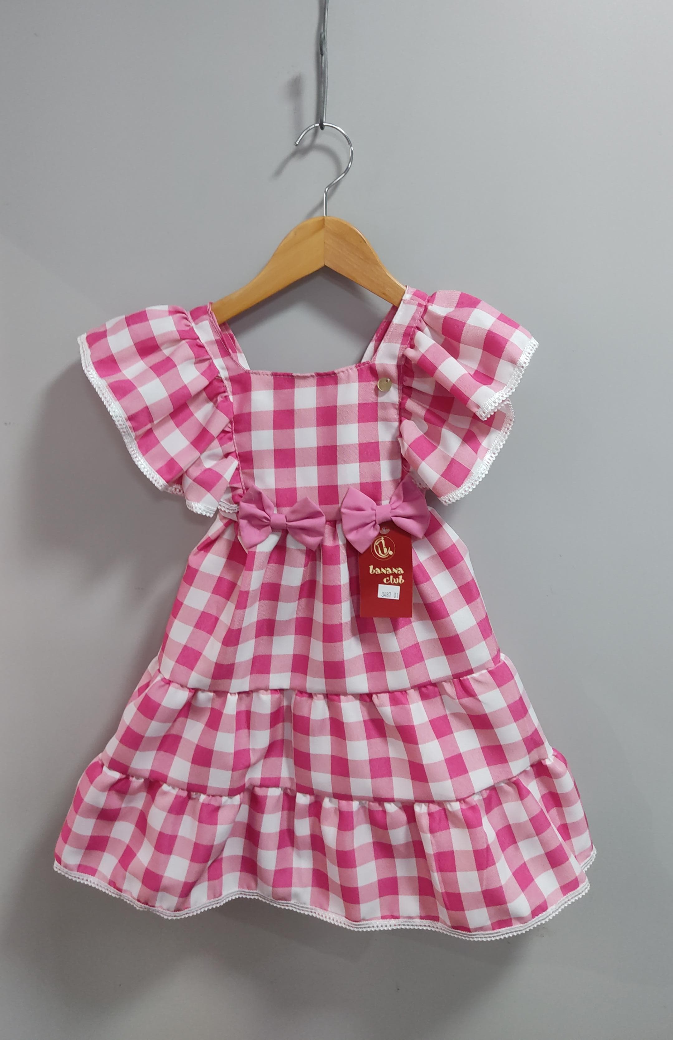 Vestido Infantil Xadrez Rosa e Branco Broche de Lacinhos