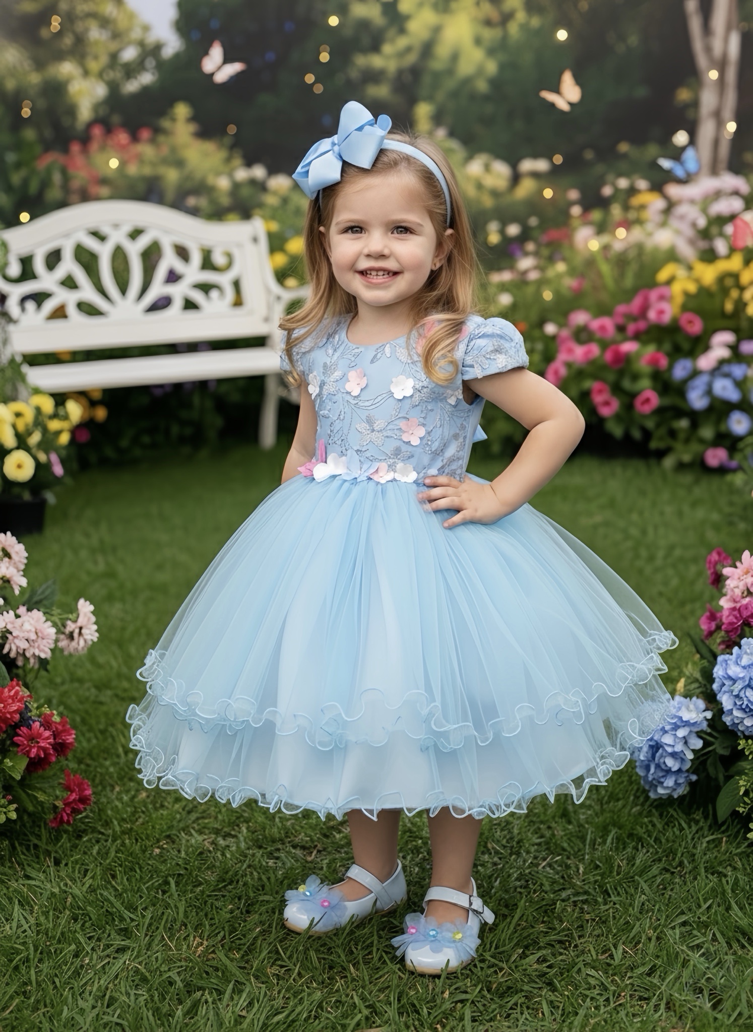 Vestido Infantil Azul Claro Jardim Encantado Renda Daminhas