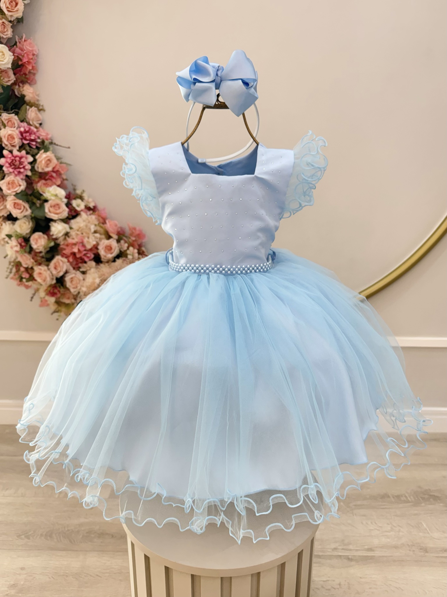 Vestido Infantil Azul Strass e Cinto de Pérolas