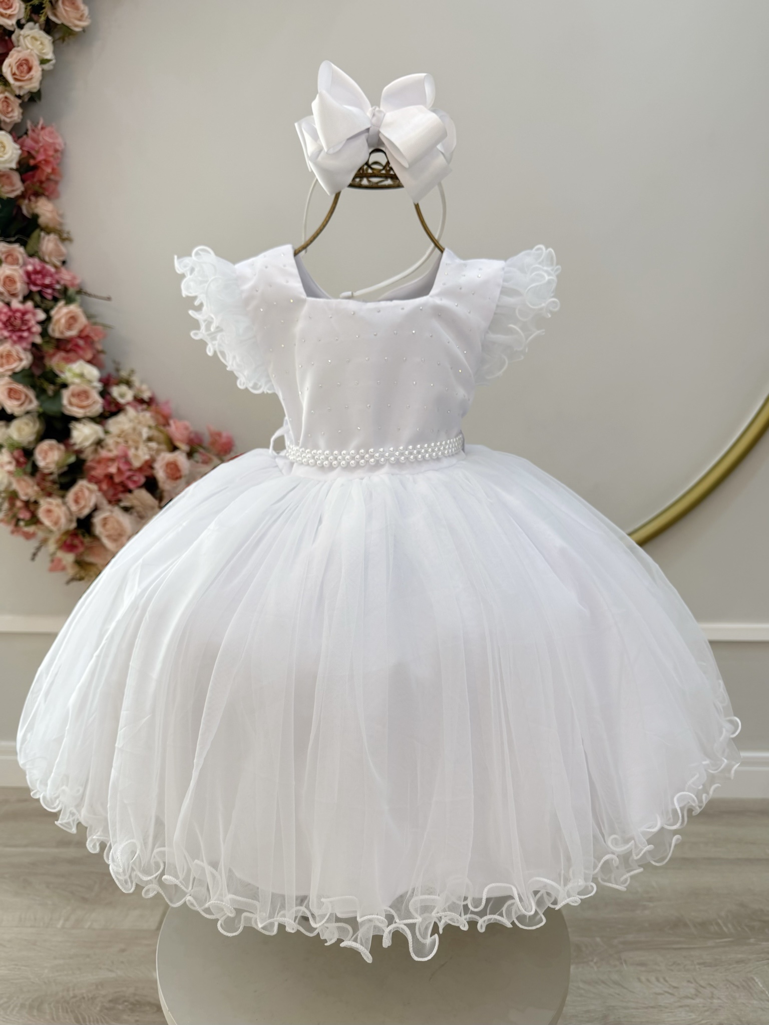 Vestido Infantil Branco Strass e Cinto de Pérolas