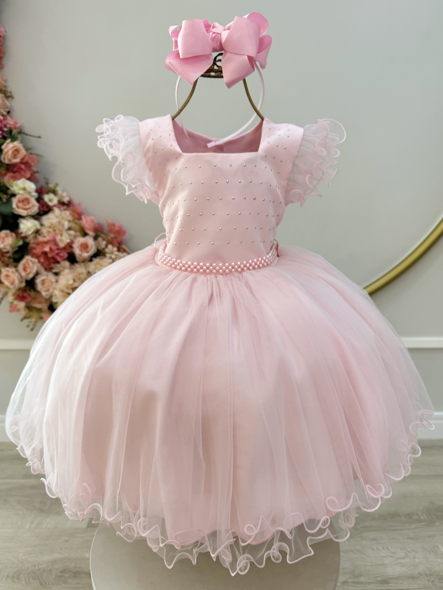 Vestido Infantil Rosa Strass e Cinto de Pérolas