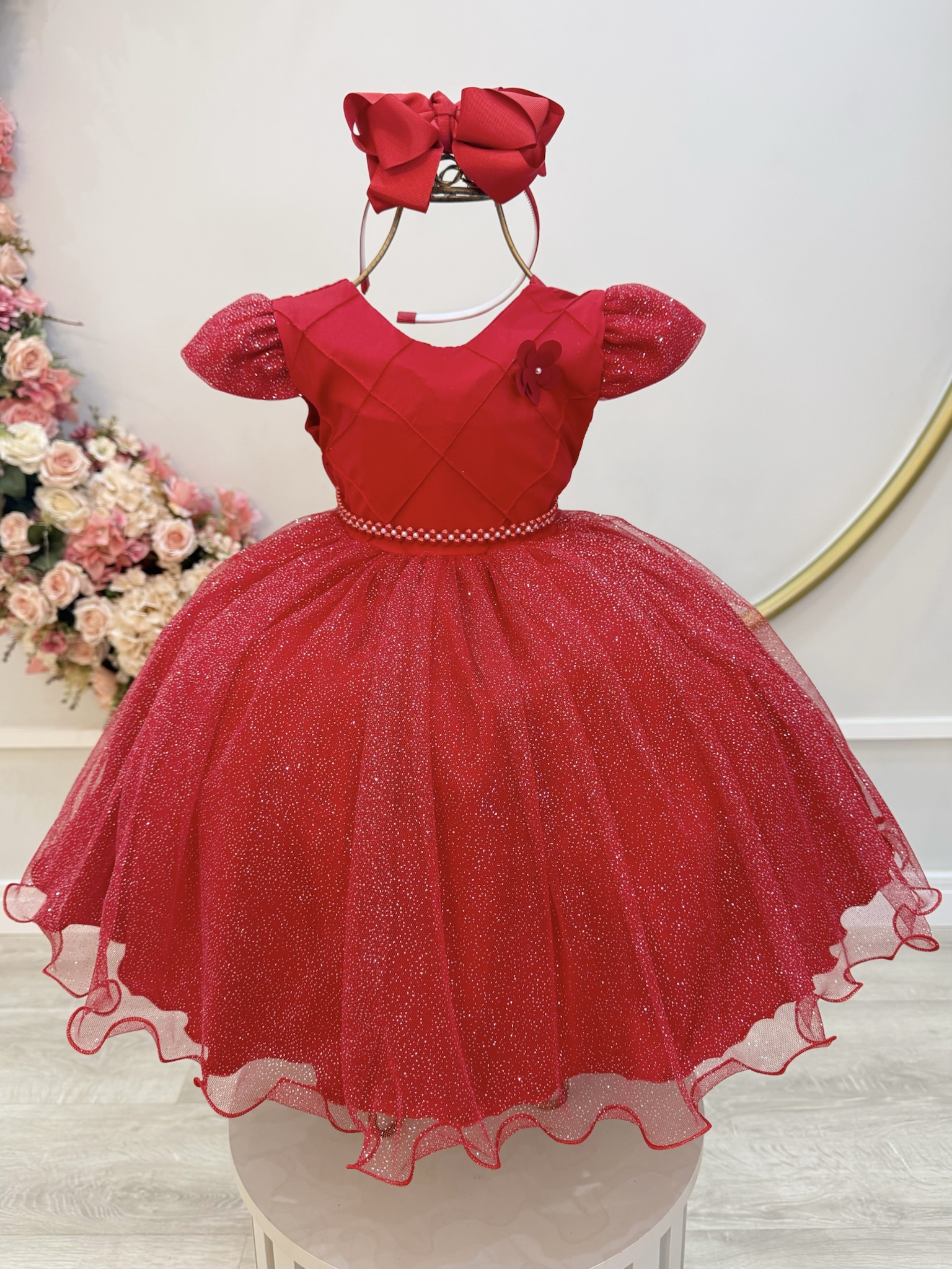 Vestido Infantil Vermelho Busto c/ Nervuras Daminha Festas Luxo