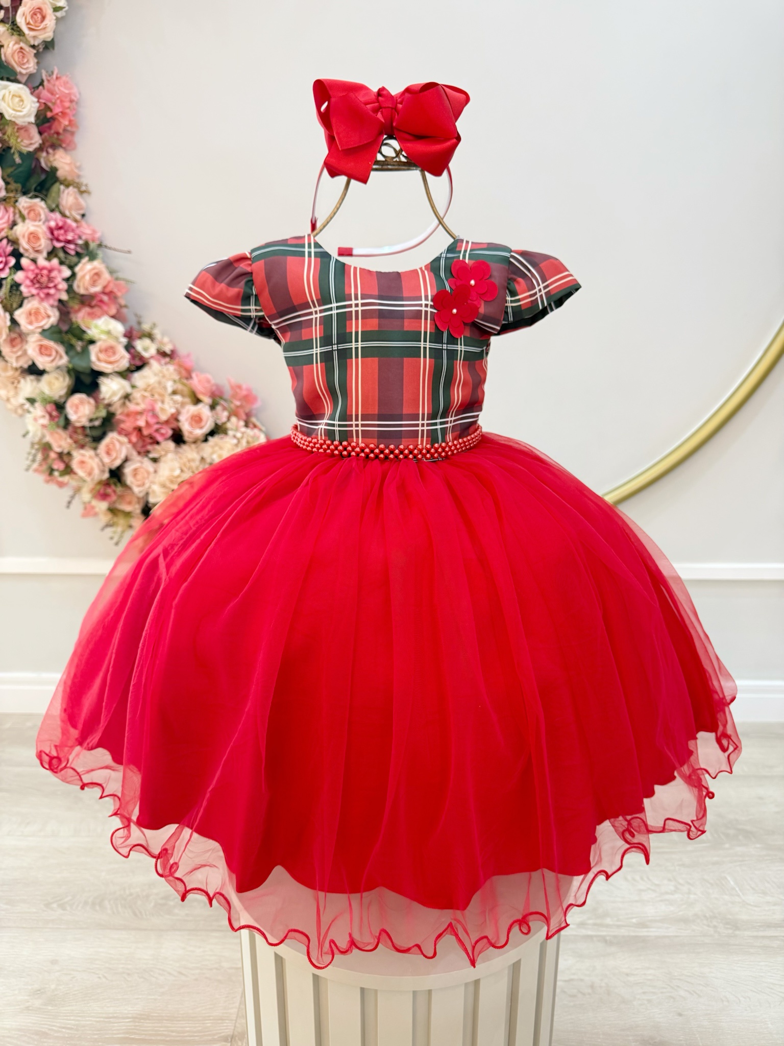 Vestido Infantil Vermelho Natal Cinto Pérolas