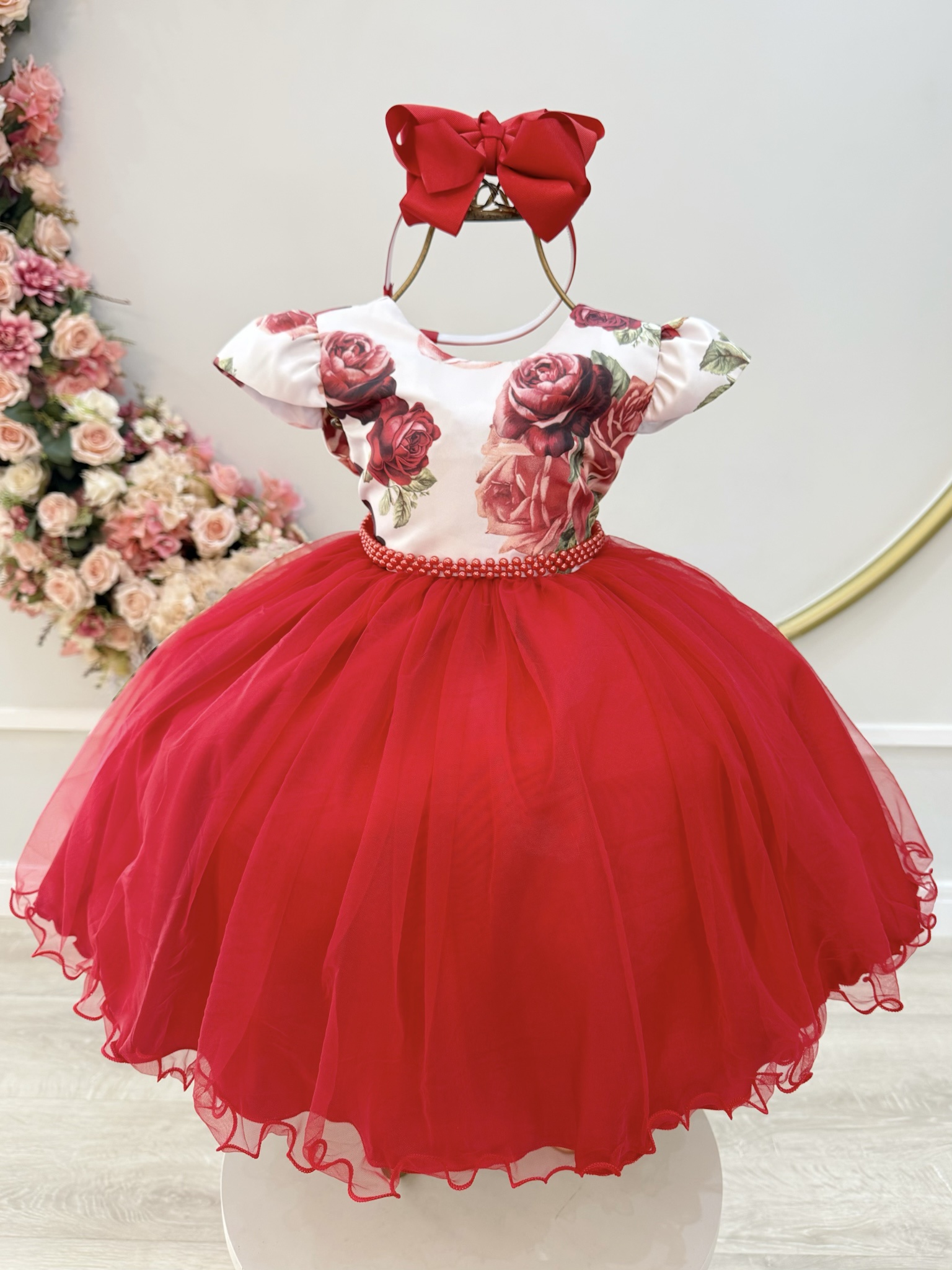 Vestido Infantil Vermelho Natal Flores Cinto Pérolas