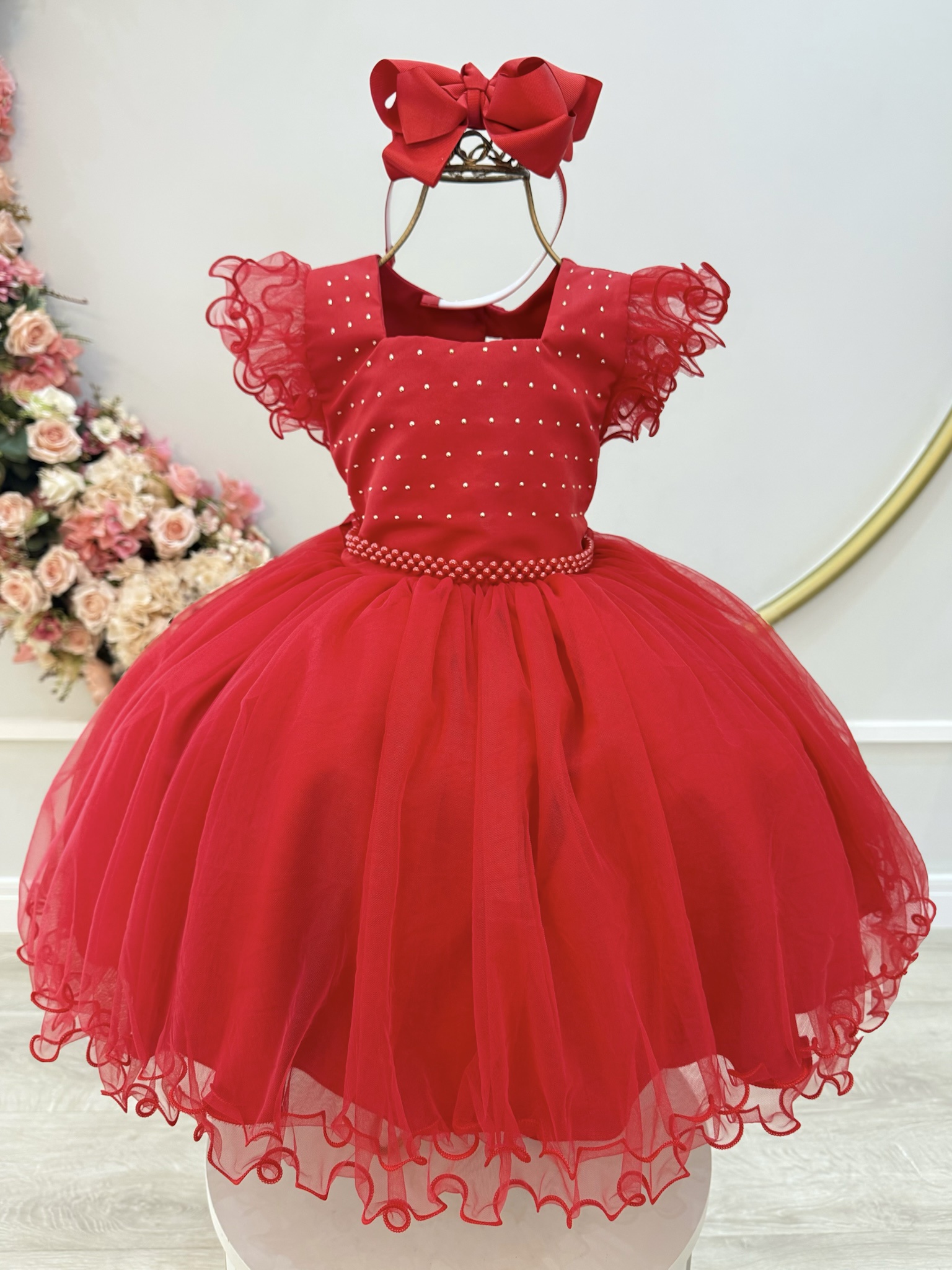 Vestido Infantil Vermelho Strass e Cinto de Pérolas