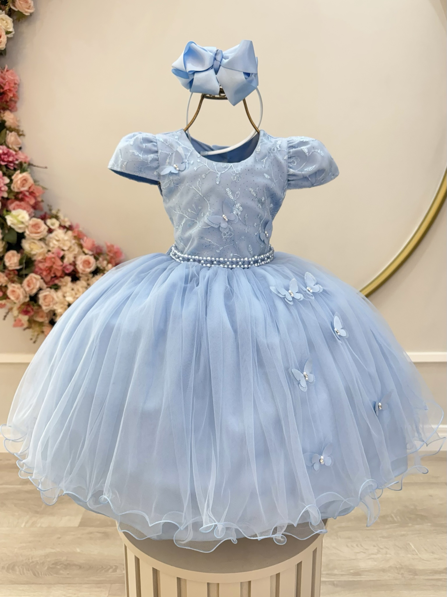 Vestido Infantil Azul Busto C/ Renda e Borboletas Daminhas