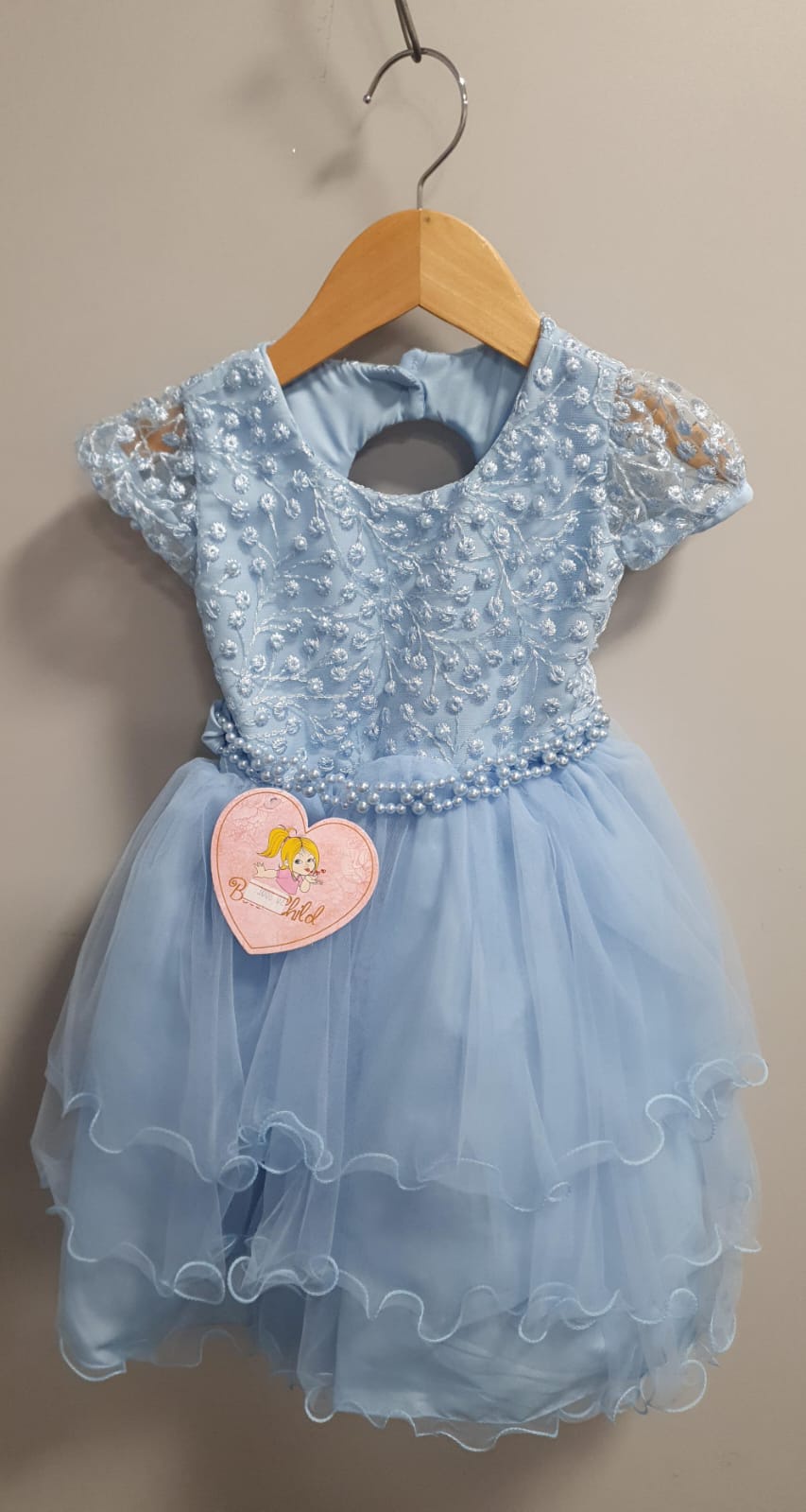 Vestido Infantil Azul Busto C/ Renda e Pérolas Daminhas Festas