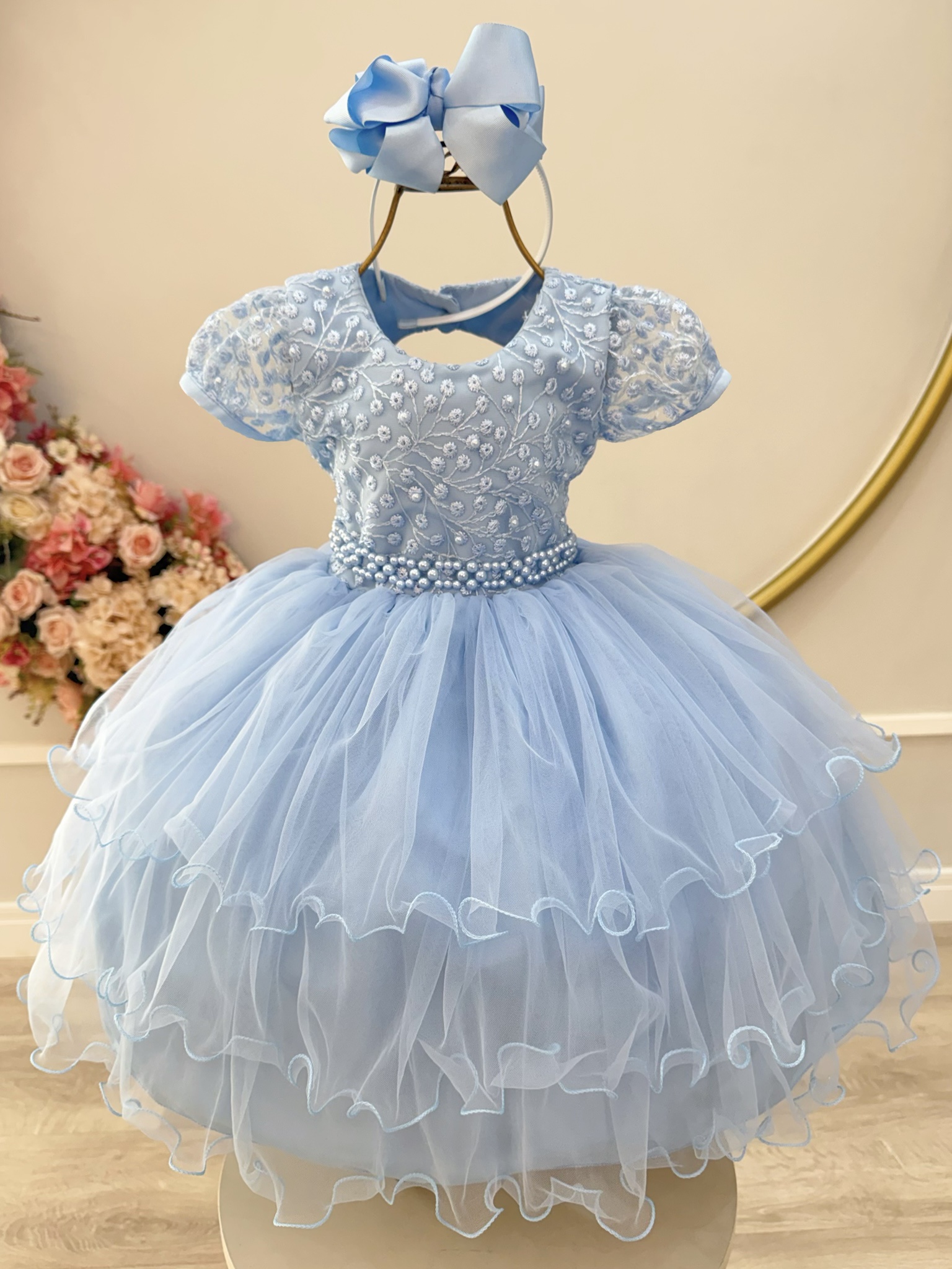 Vestido Infantil Azul Busto C/ Renda e Pérolas Daminhas Festas
