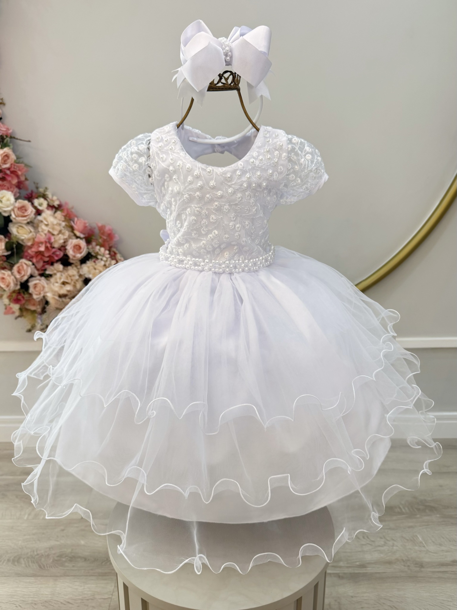 Vestido Infantil Branco Busto C/ Renda e Pérolas Daminhas Festas