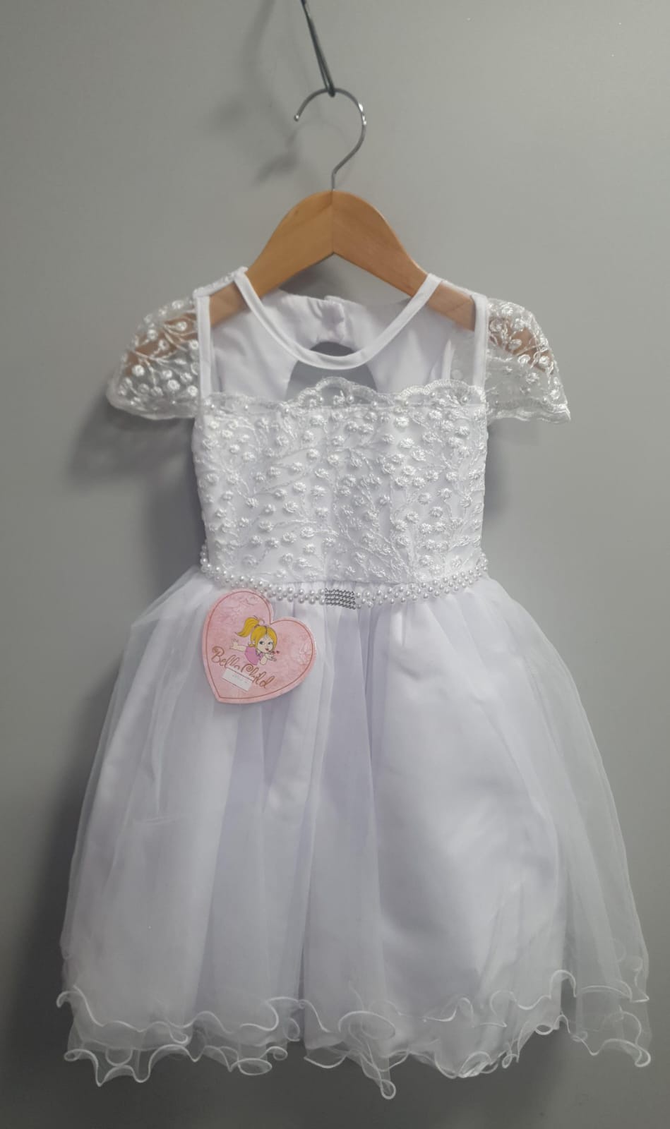 Vestido Infantil Branco Busto Renda e Bordado Damas Luxo