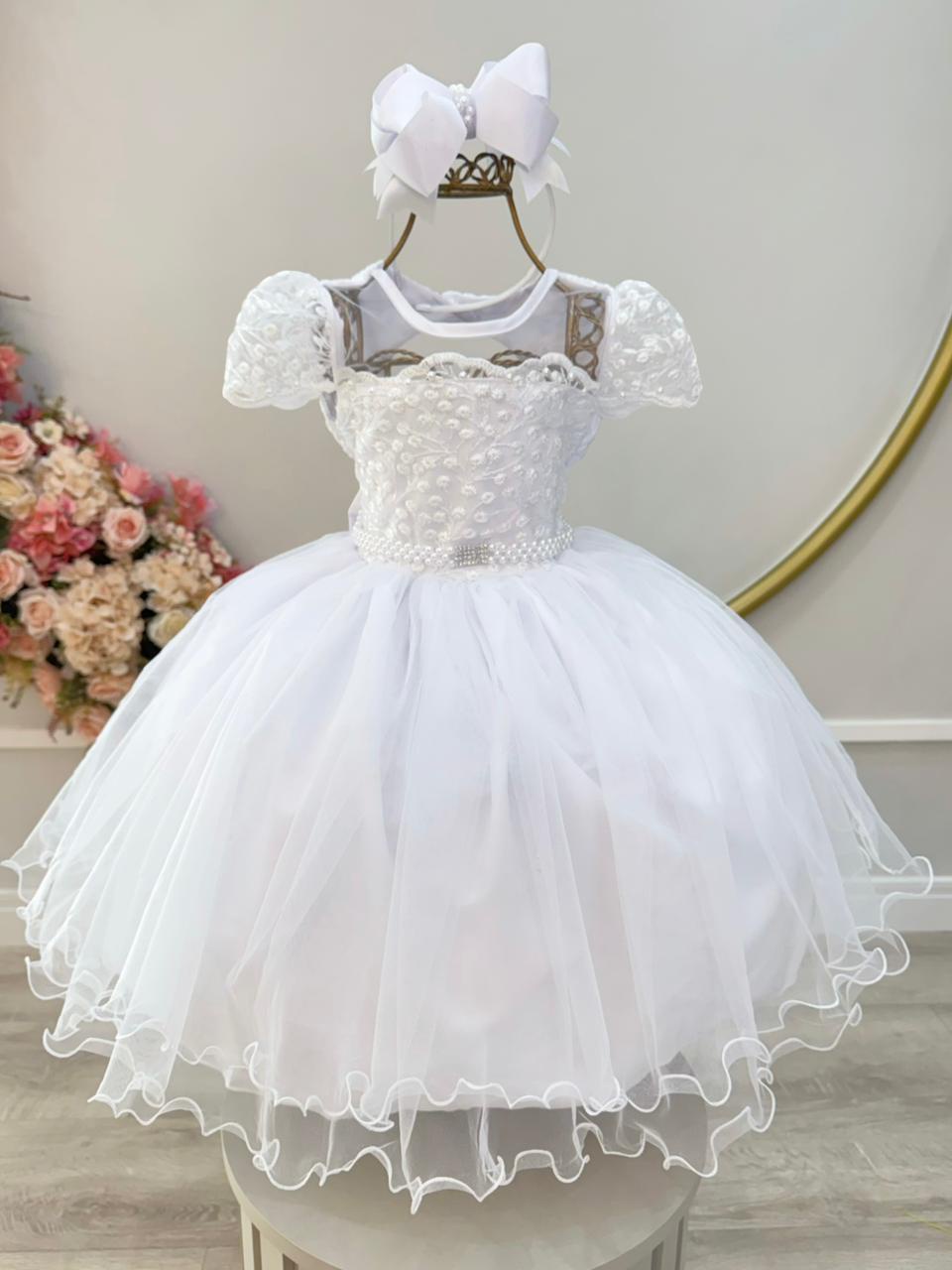Vestido Infantil Branco Busto Renda e Bordado Damas Luxo
