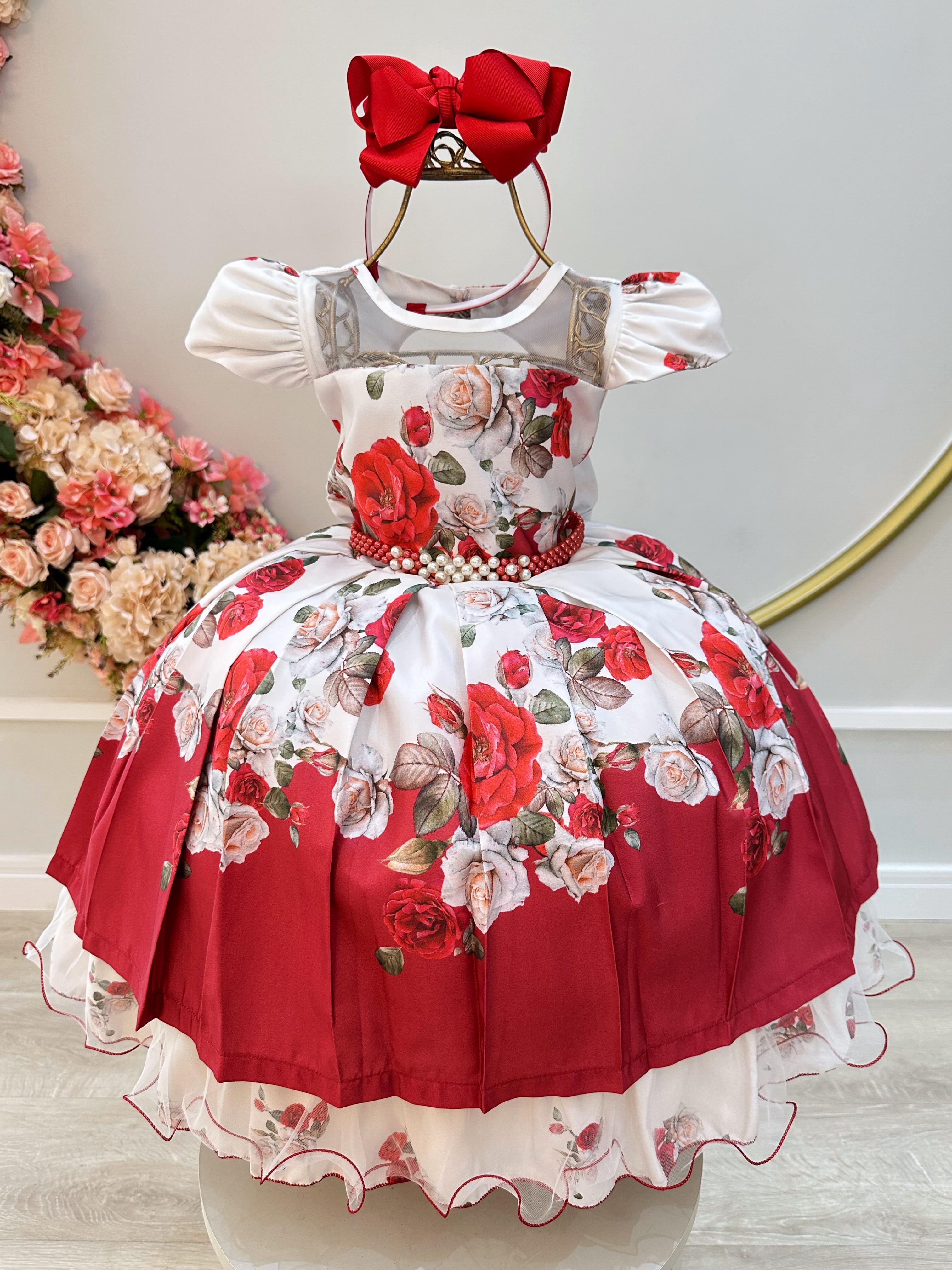 Vestido Infantil Off Floral Vermelho Cinto de Pérolas Luxo