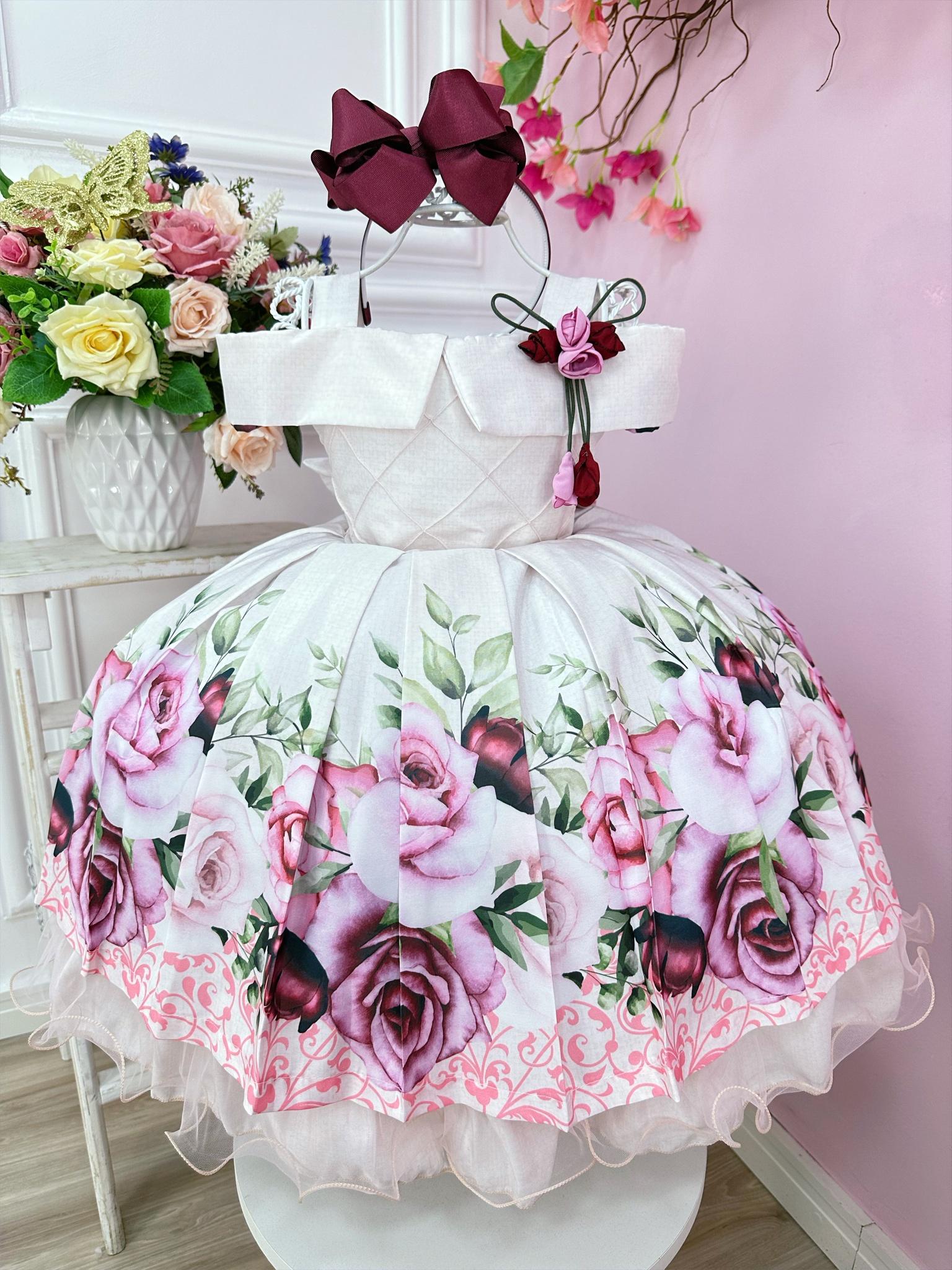 Vestido Infantil Rosa Bebê Busto Nervura Florido C/ Broche