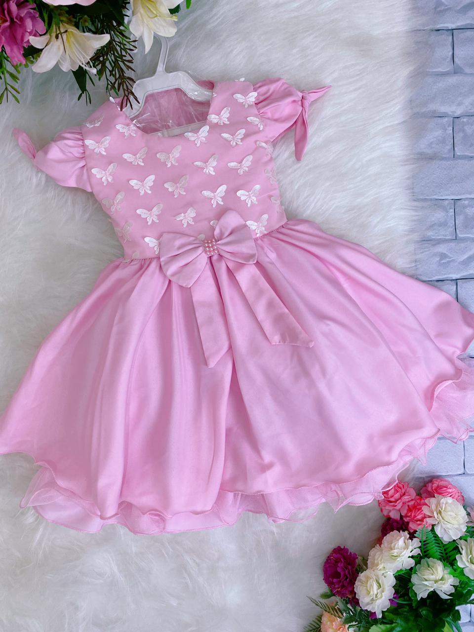 Vestido Infantil Rosa Borboletas Luxo Festa