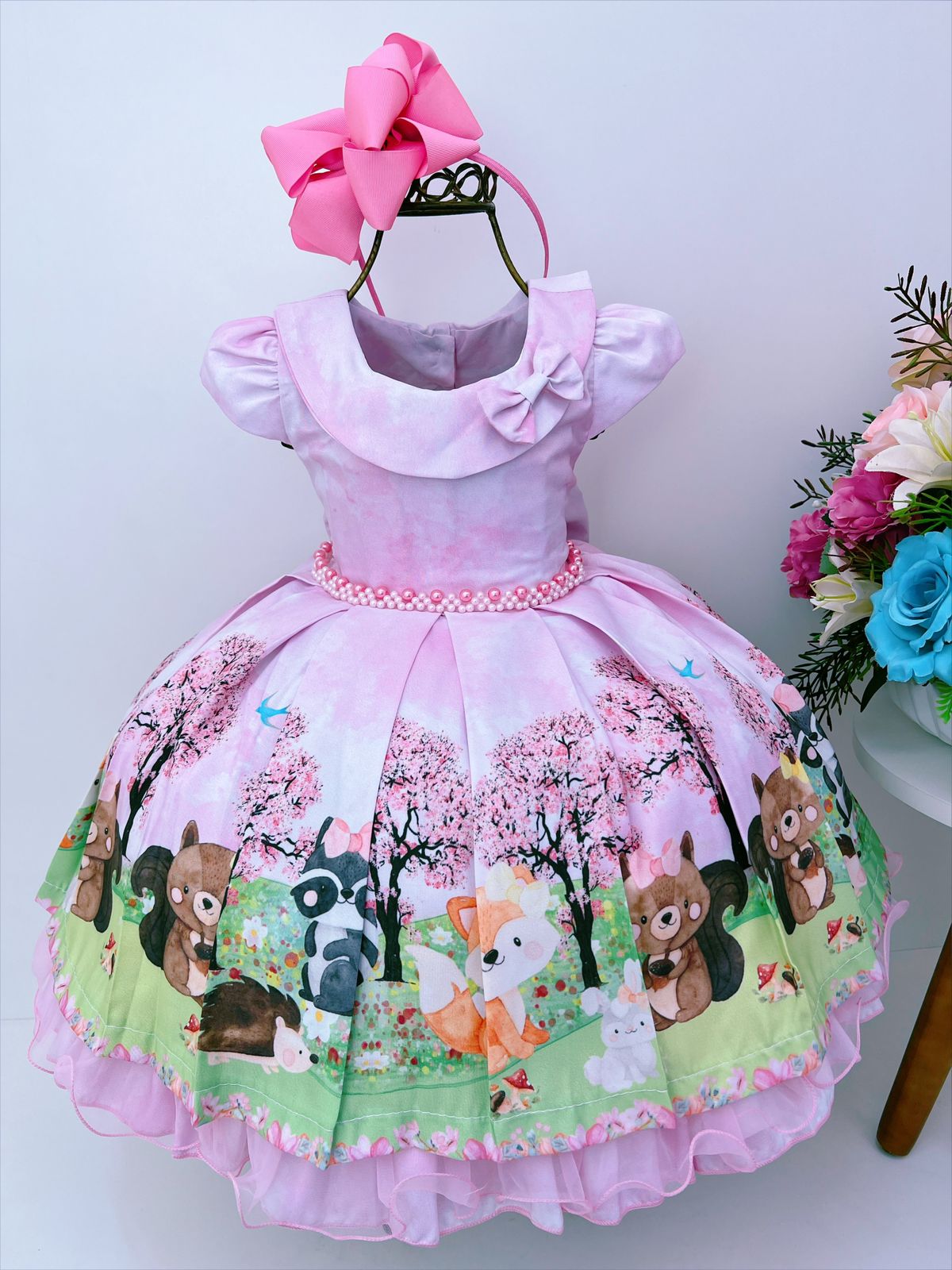 Vestido Infantil Rosa Bosque Jardim Encantado C/ Pérolas