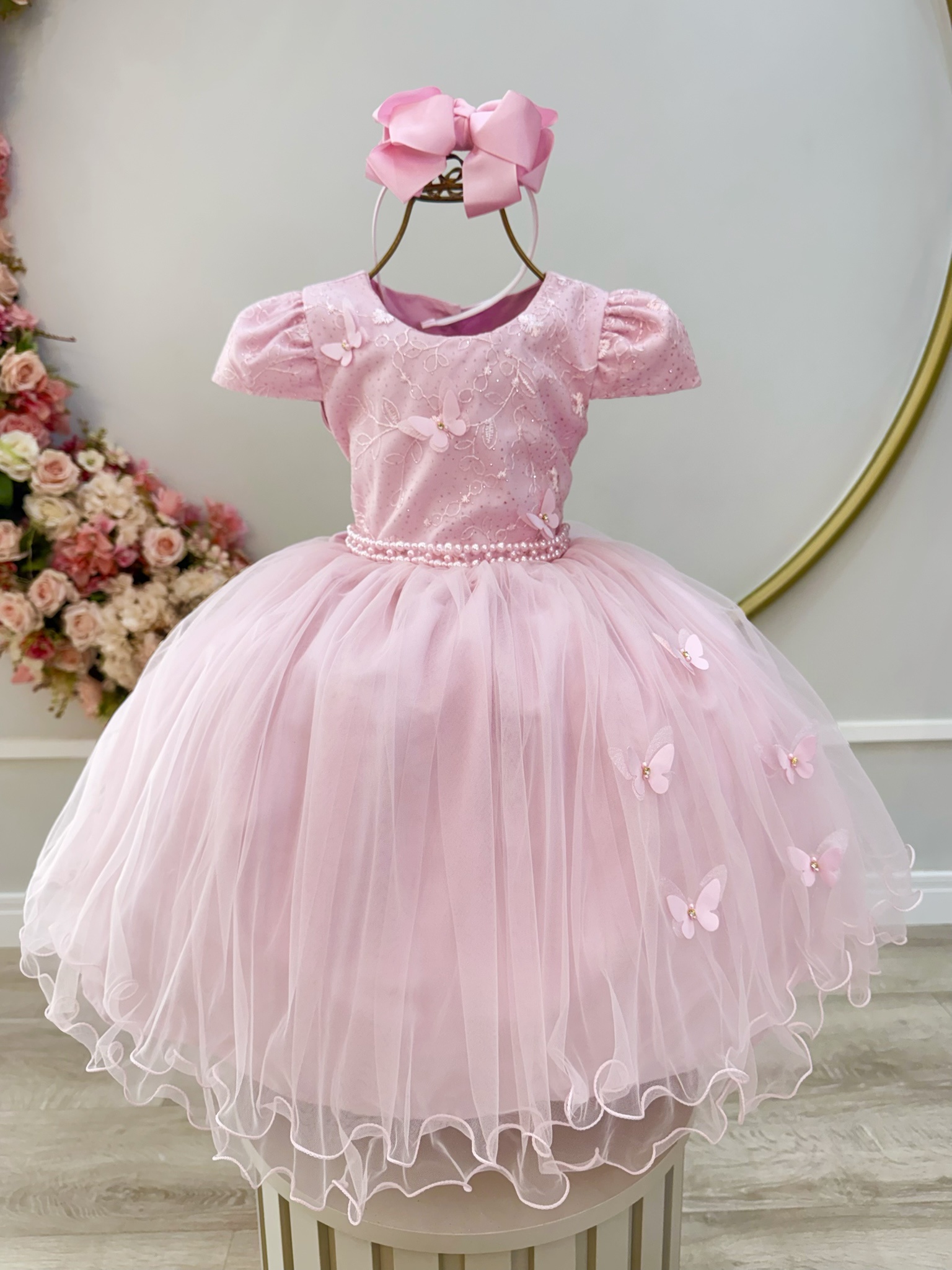 Vestido Infantil Rosa Busto C/ Renda e Borboletas Daminhas