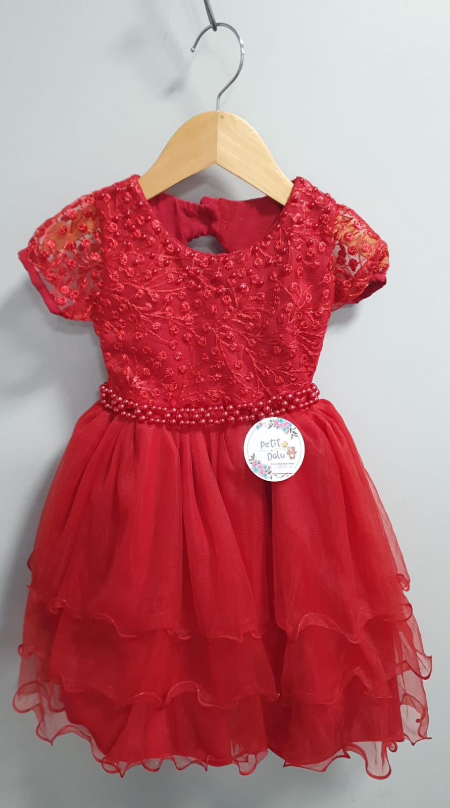 Vestido Infantil Vermelho Busto C/ Renda e Pérolas Daminhas Festas