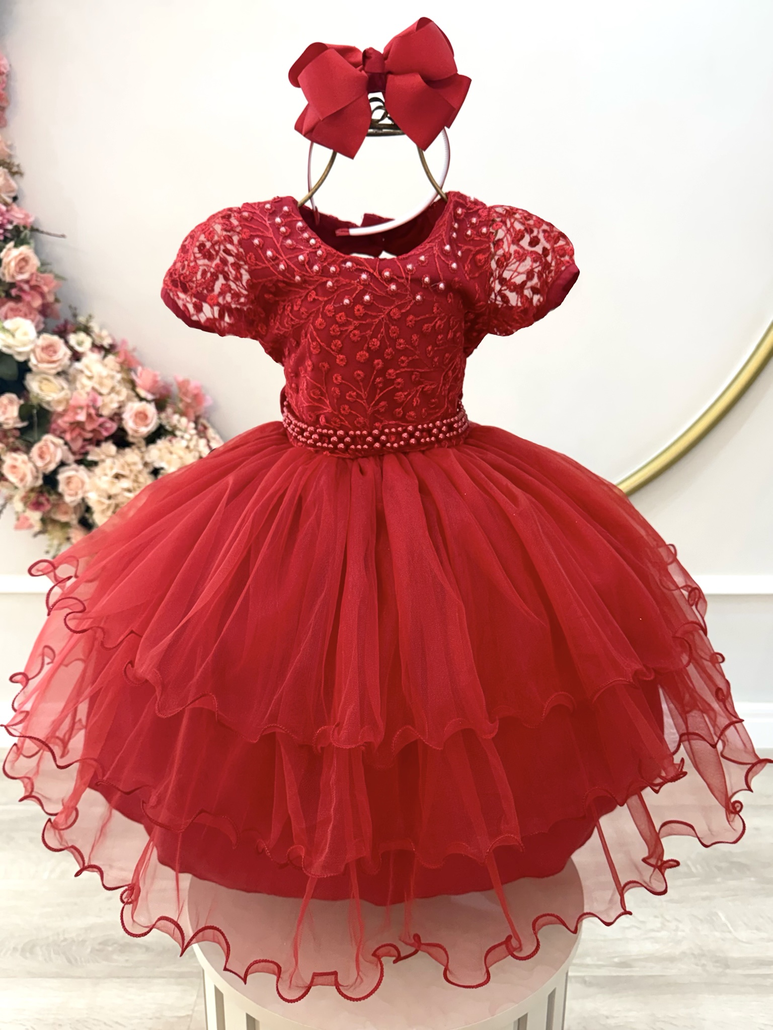 Vestido Infantil Vermelho Busto C/ Renda e Pérolas Daminhas Festas