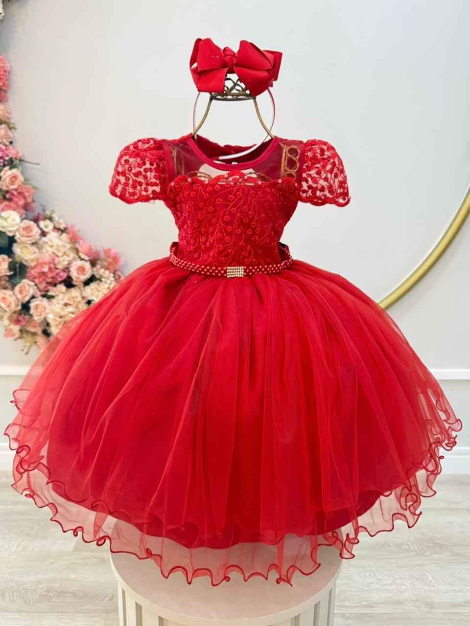 Vestido Infantil Vermelho Busto Renda e Bordado Damas Luxo