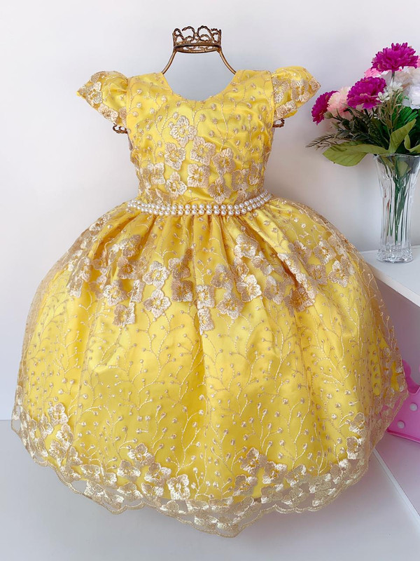 Vestido Infantil Amarelo Renda Dourada Realeza Cinto Pérolas