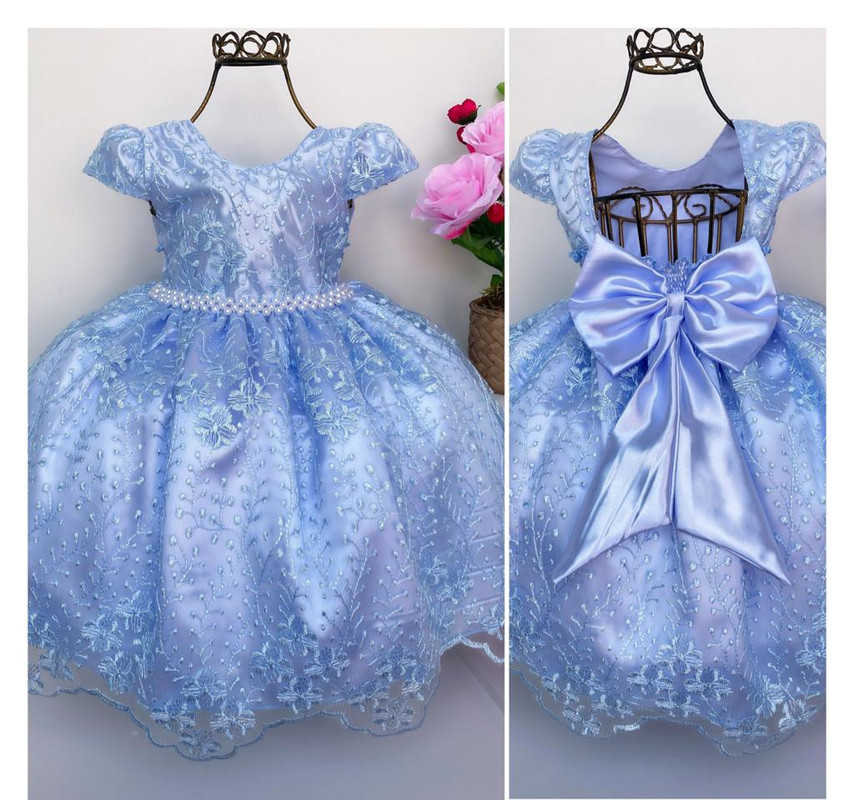 Vestido Infantil Azul Bebê Renda Realeza Cinto Pérolas