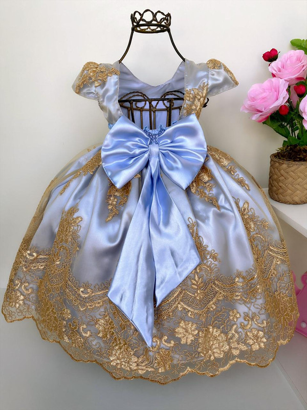 Vestido Infantil Azul Bebê Renda Realeza Dourada Pérola - Rosa Charmosa Atacado Vestido Infantil Azul Bebê Renda Realeza Dourada Pérola - Rosa Charmosa Atacado