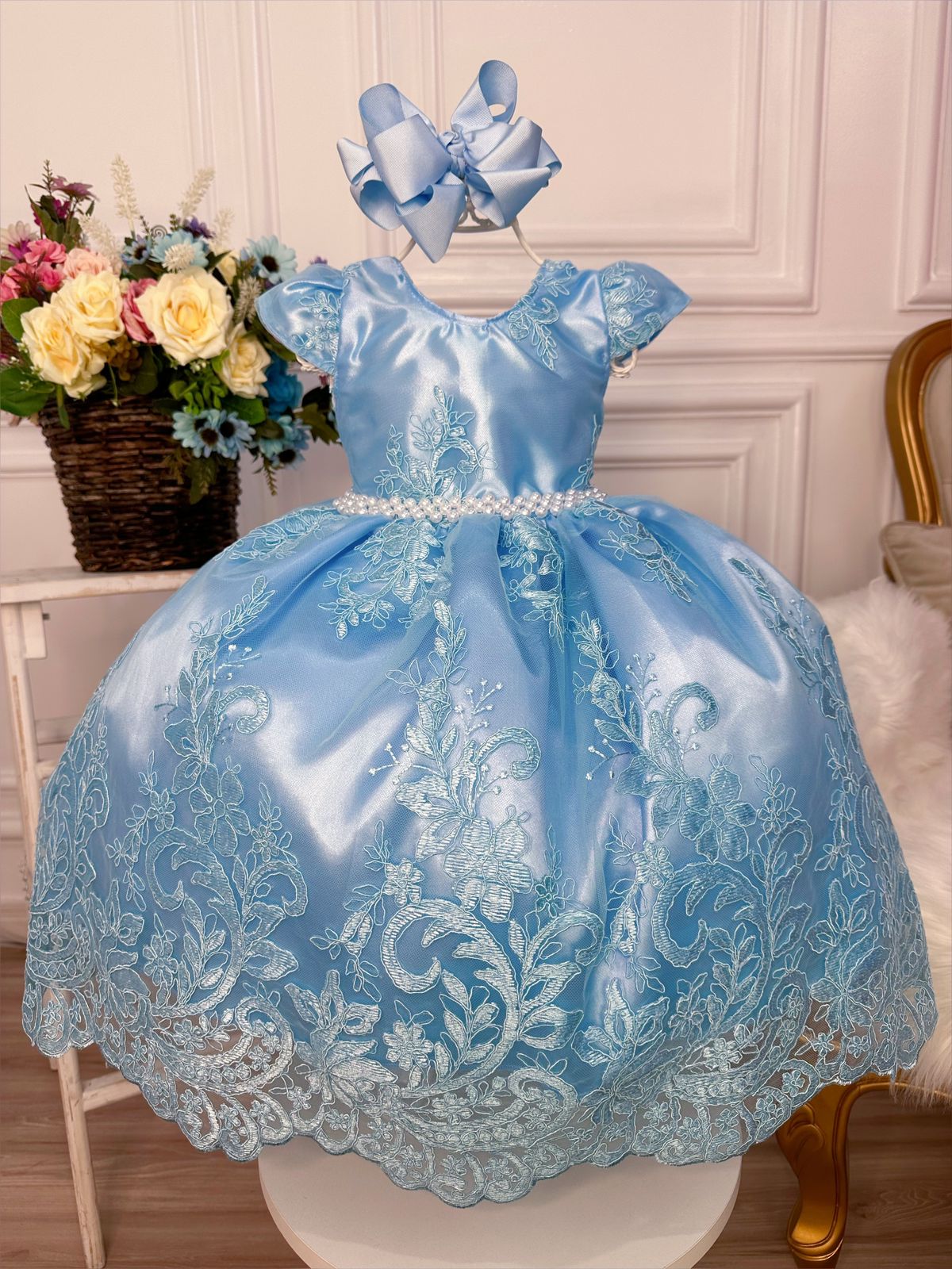 Vestido Infantil Azul C/ Renda Realeza e Cinto de Pérolas