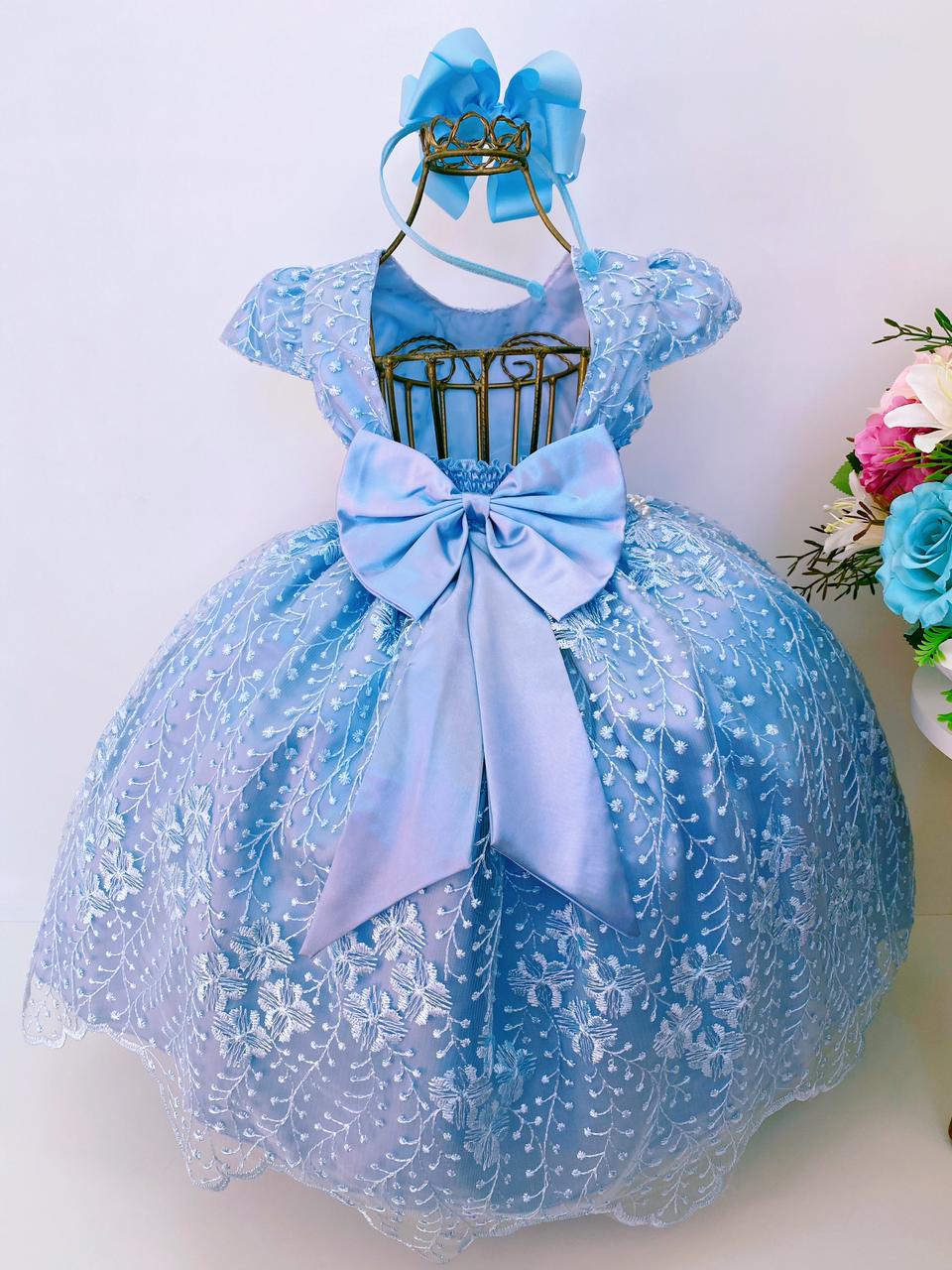Vestido Infantil Azul Renda Realeza Princesa de Luxo - Rosa Charmosa Atacado