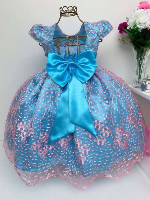 vestido infantil princesa rosa e azul com renda trabalhada