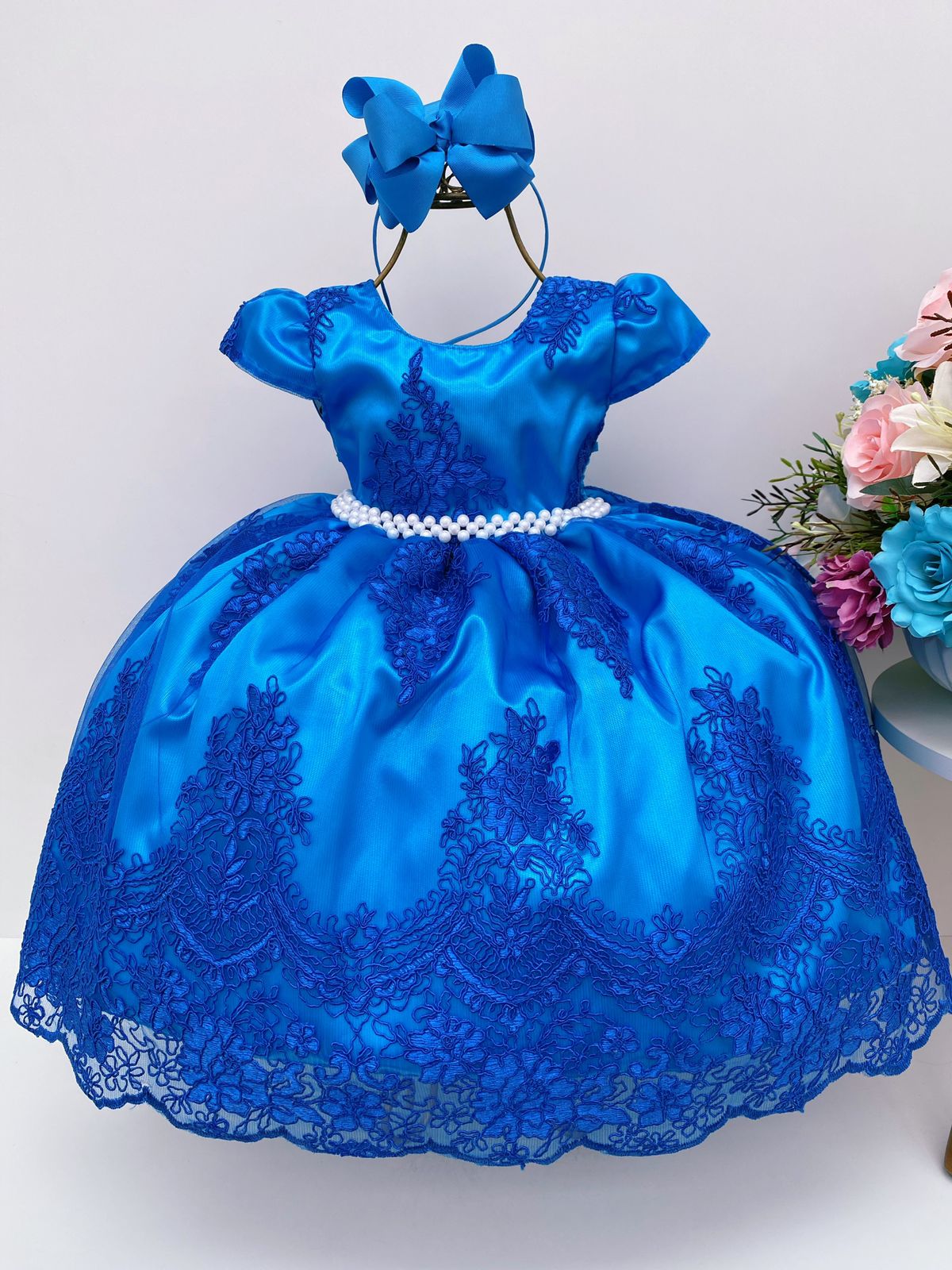 Vestido Infantil Azul Royal Renda Cinto Pérolas Realeza