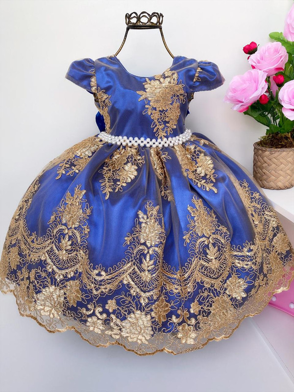 Vestido Infantil Azul Royal Renda Realeza Dourada Pérola