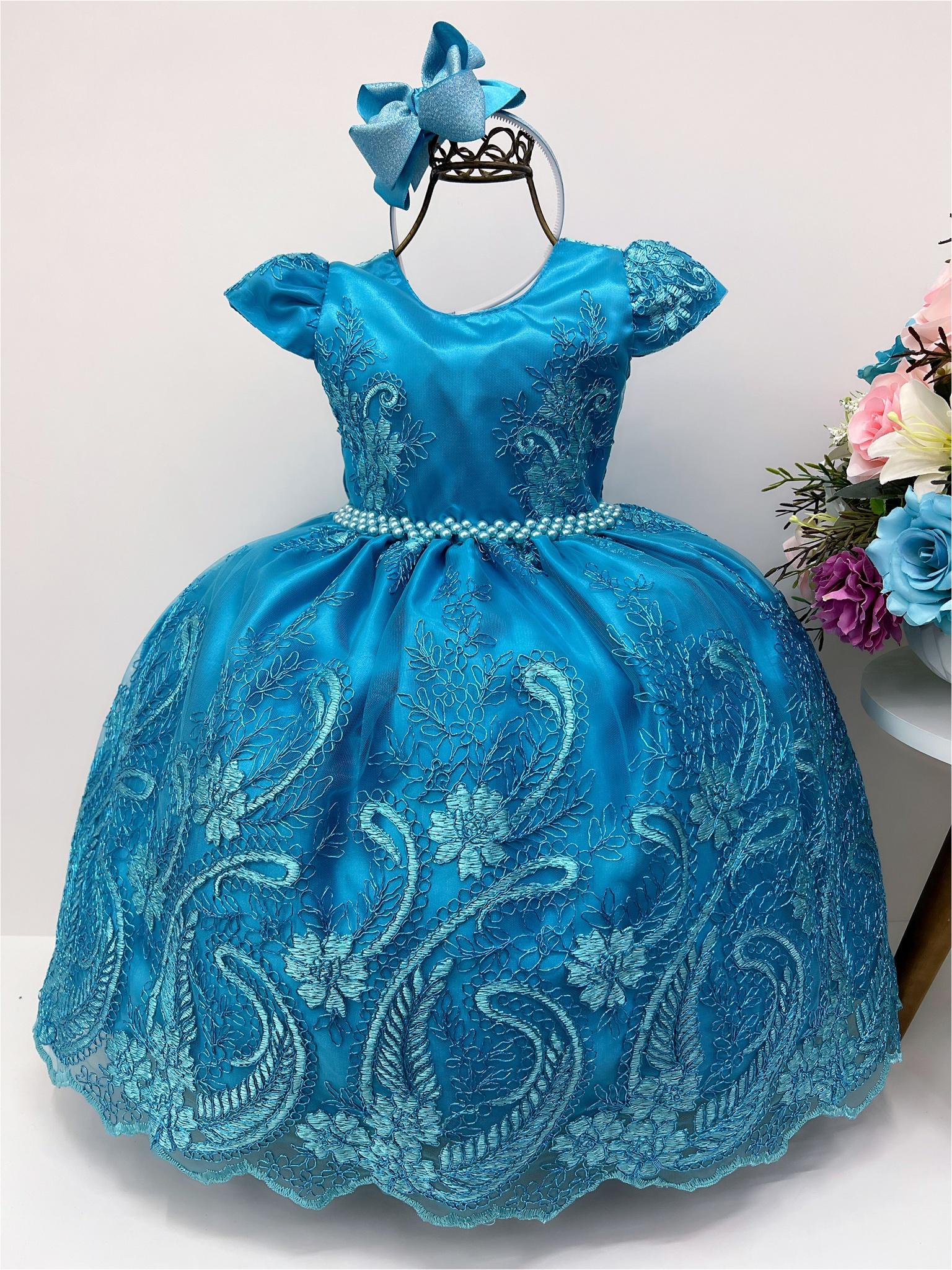 Vestido Infantil Azul Tiffany Renda Cinto de Pérolas Realeza