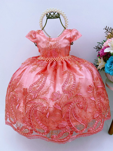 Vestido Infantil Coral Rendado Cinto Pérolas Luxo Damas