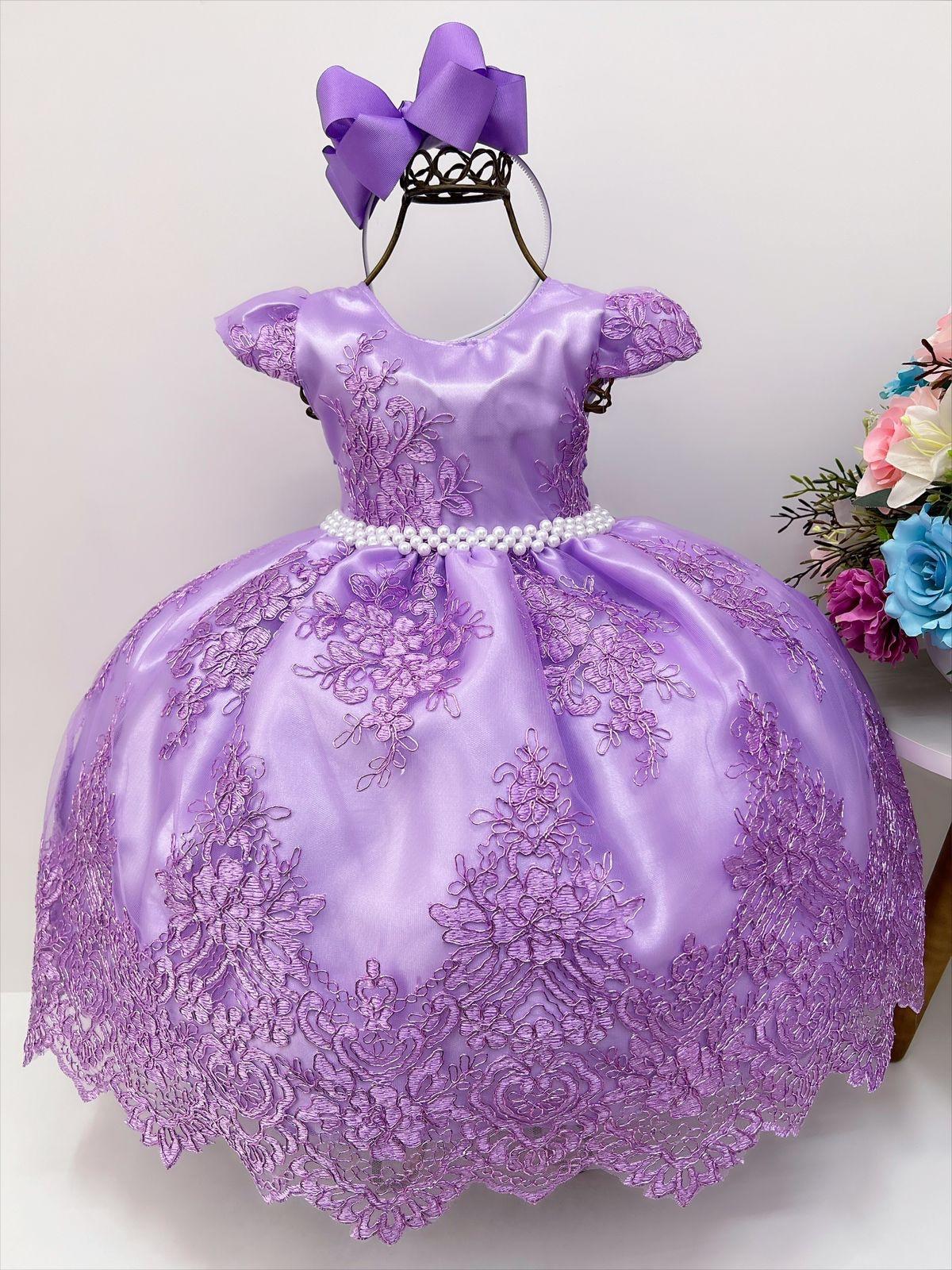 Vestido Infantil Lilás C/ Renda Realeza Cinto de Pérolas