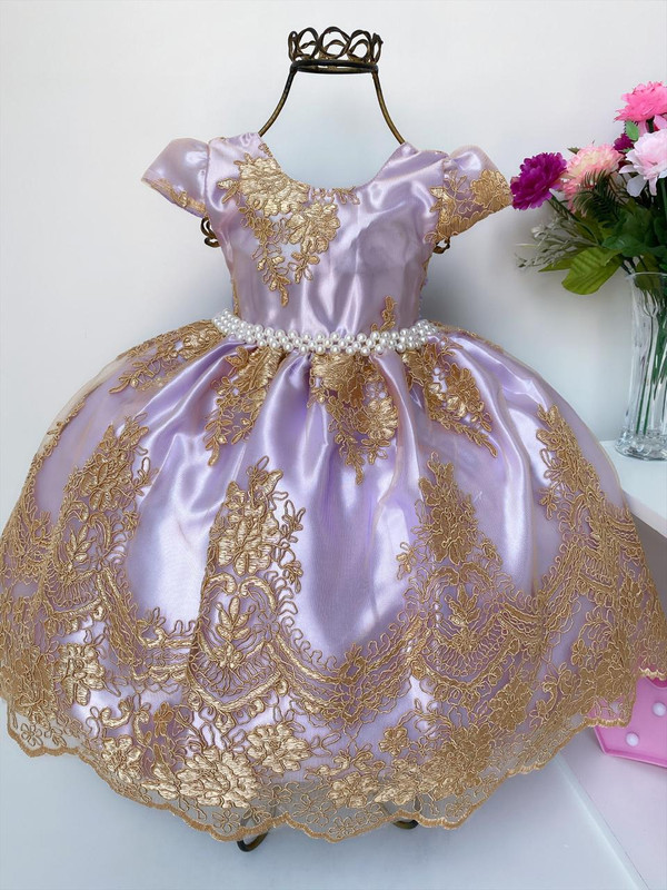 Vestido Infantil Lilás Renda Dourada Realeza Cinto Pérolas