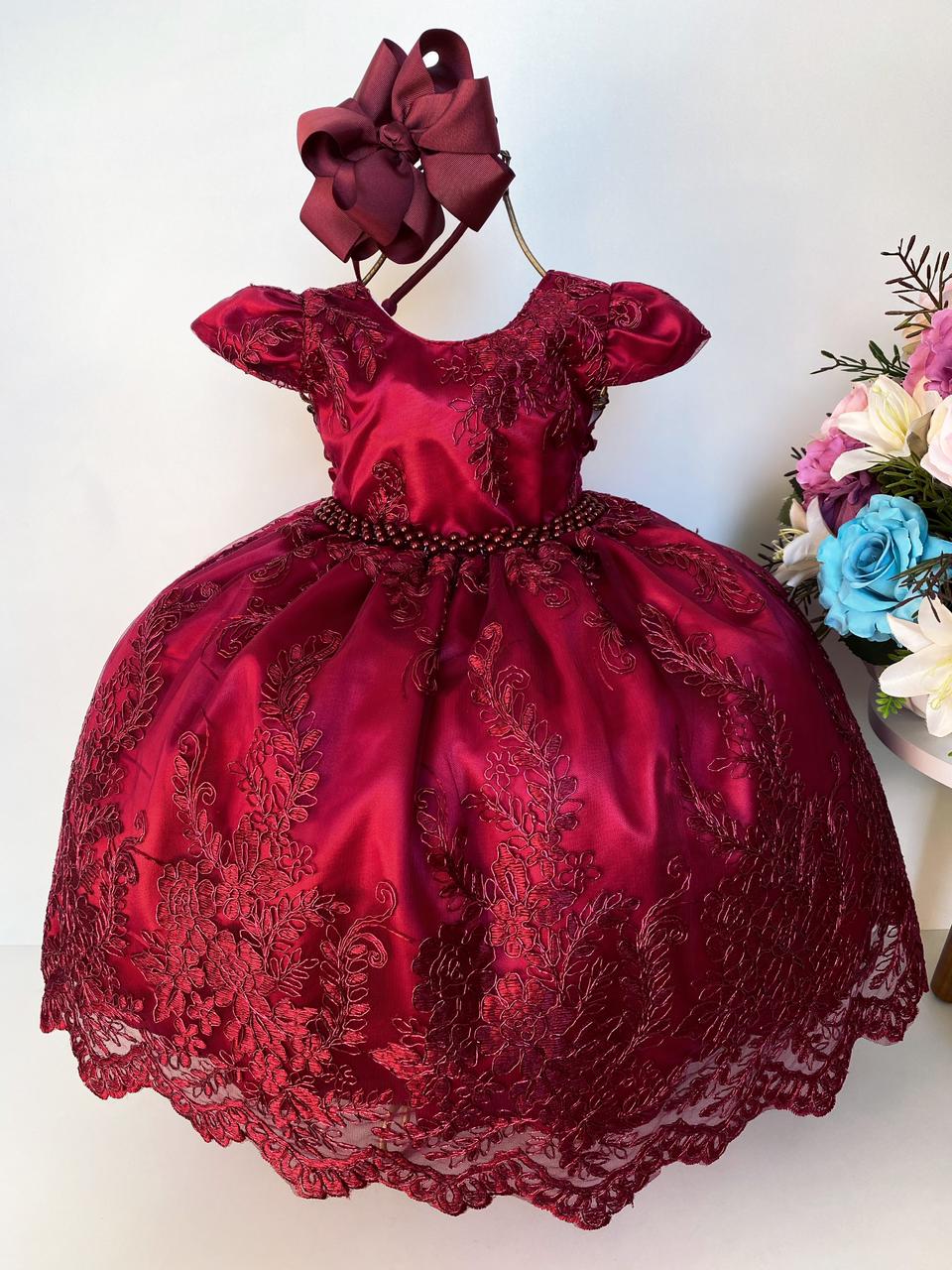 Vestido Infantil Marsala C/ Renda Realeza e Cinto de Pérolas