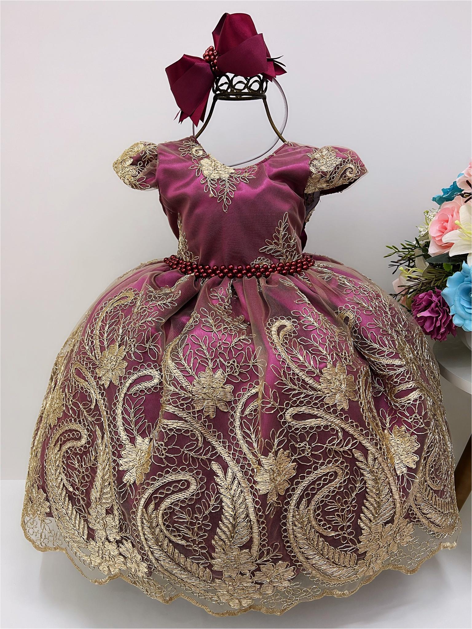 Vestido Infantil Marsala Renda Dourada Realeza Cinto Pérolas