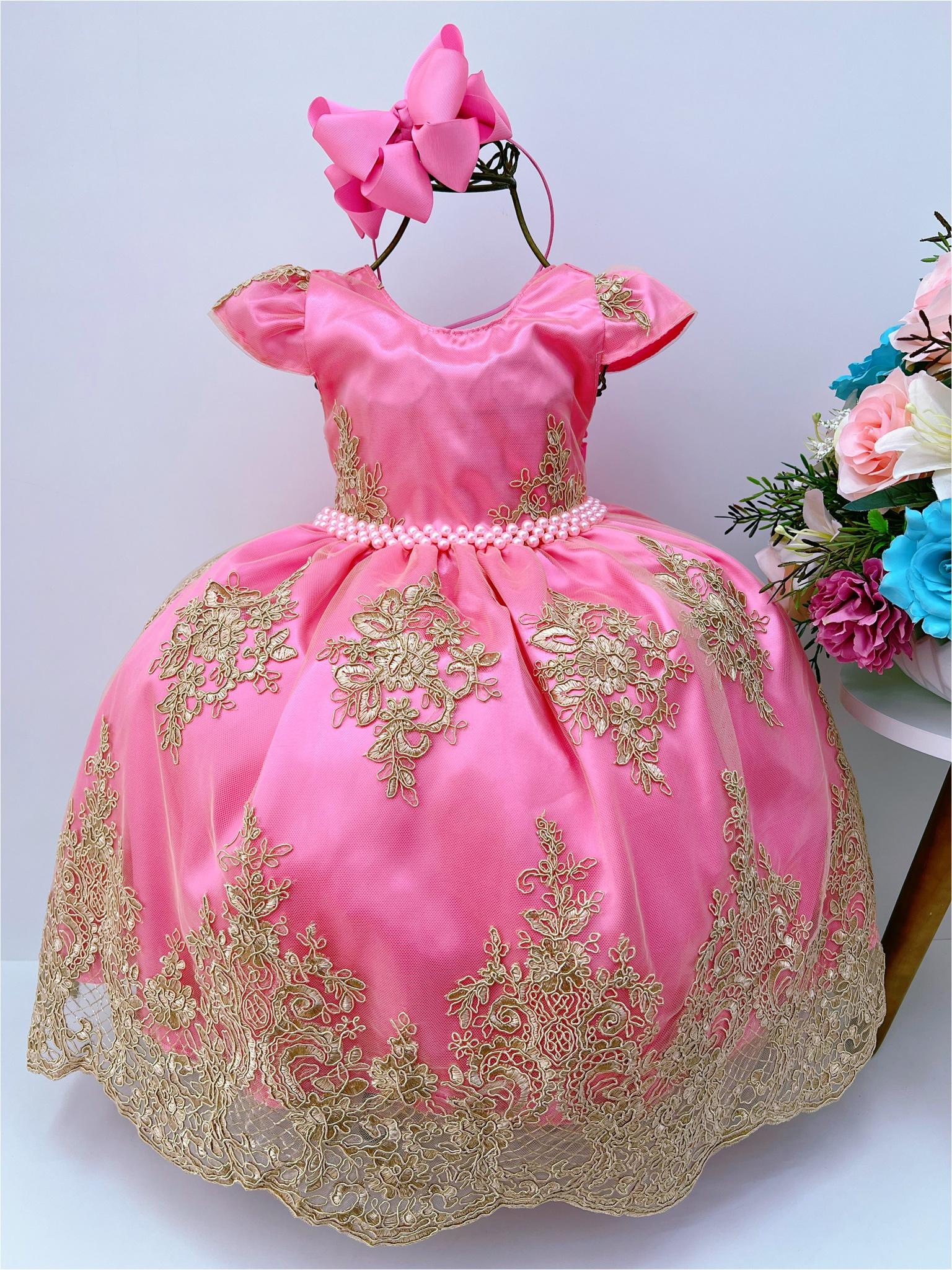 Vestido Infantil Rosa Chiclete Renda Realeza Dourada Pérolas