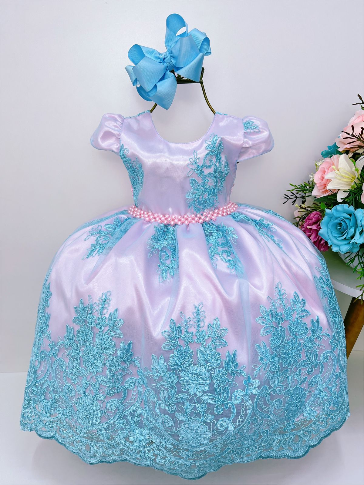 Vestido Infantil Rosa Renda Azul Realeza Cinto Pérola