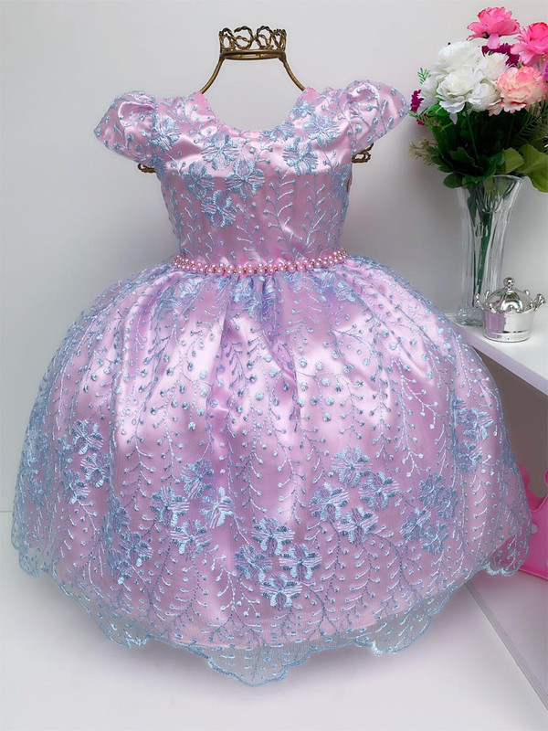 Vestido Infantil Rosa Renda Azul Realeza Princesas Festas - Rosa Charmosa  Atacado