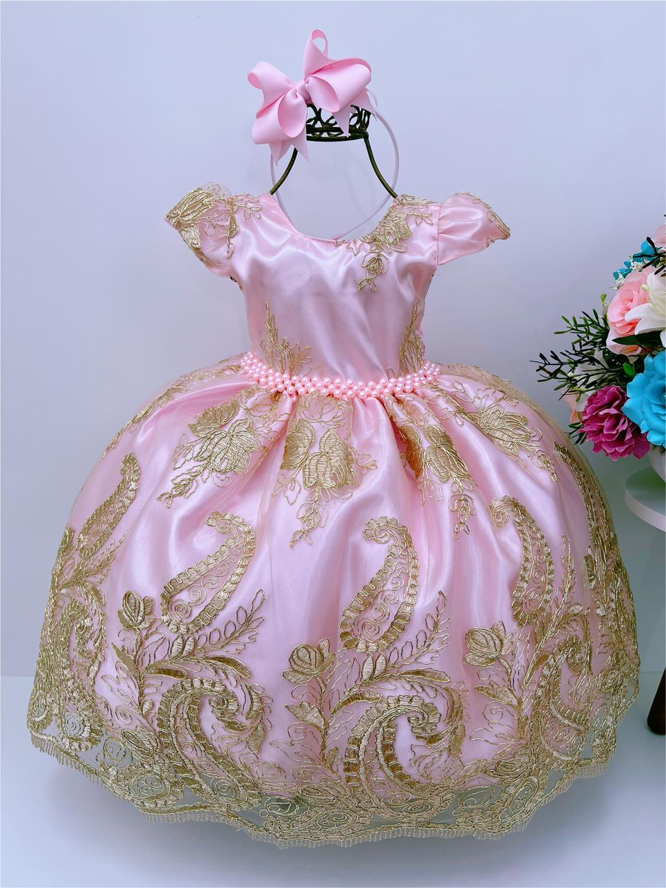 Vestido Infantil Rosa Renda Dourada Realeza Cinto C/ Pérolas