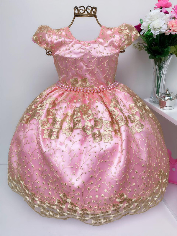 Vestido Infantil Rosa Renda Dourada Realeza Princesa Luxo