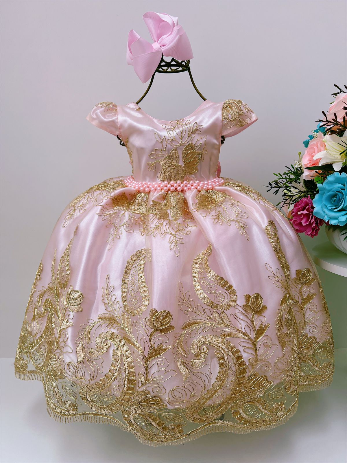 Vestido Infantil Rosa Renda Realeza C/ Cinto de Pérolas - Rosa Charmosa  Atacado