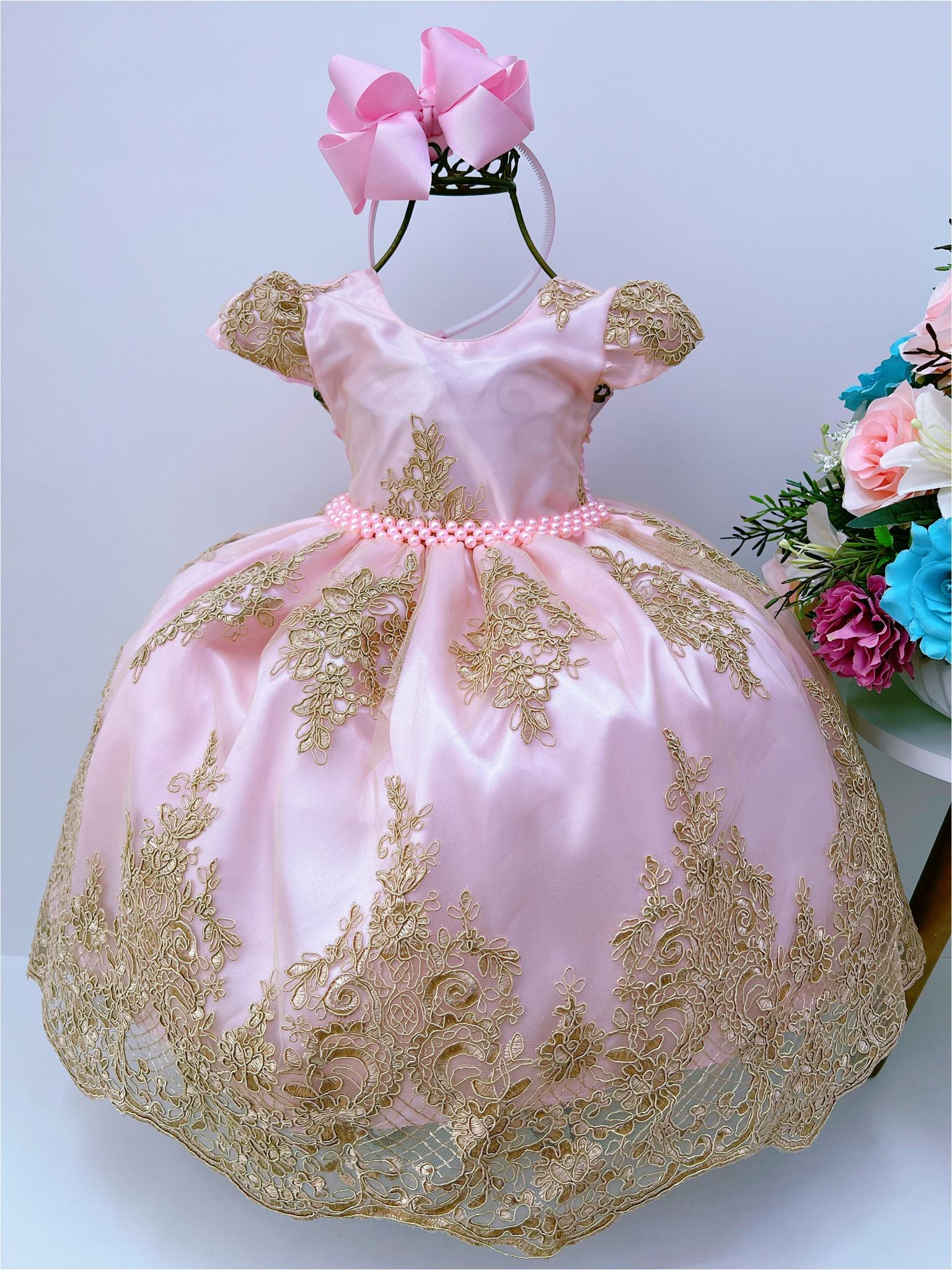 Vestido Infantil Rosa Renda Realeza Dourada Cinto Pérolas