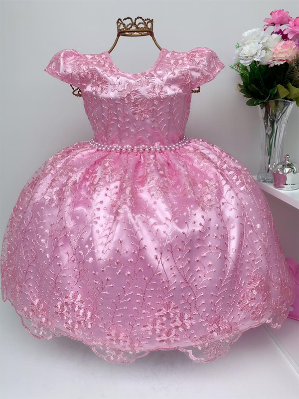 Vestido Infantil Rosa Renda Realeza Luxo Festas de Princesas