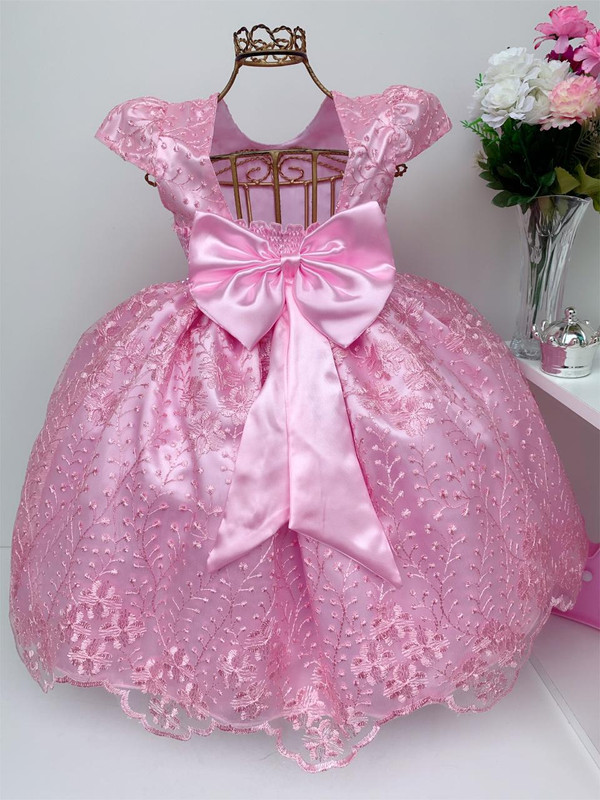 Vestido Infantil Rosa Renda Realeza Luxo Festas De Princesas Rosa Charmosa Atacado