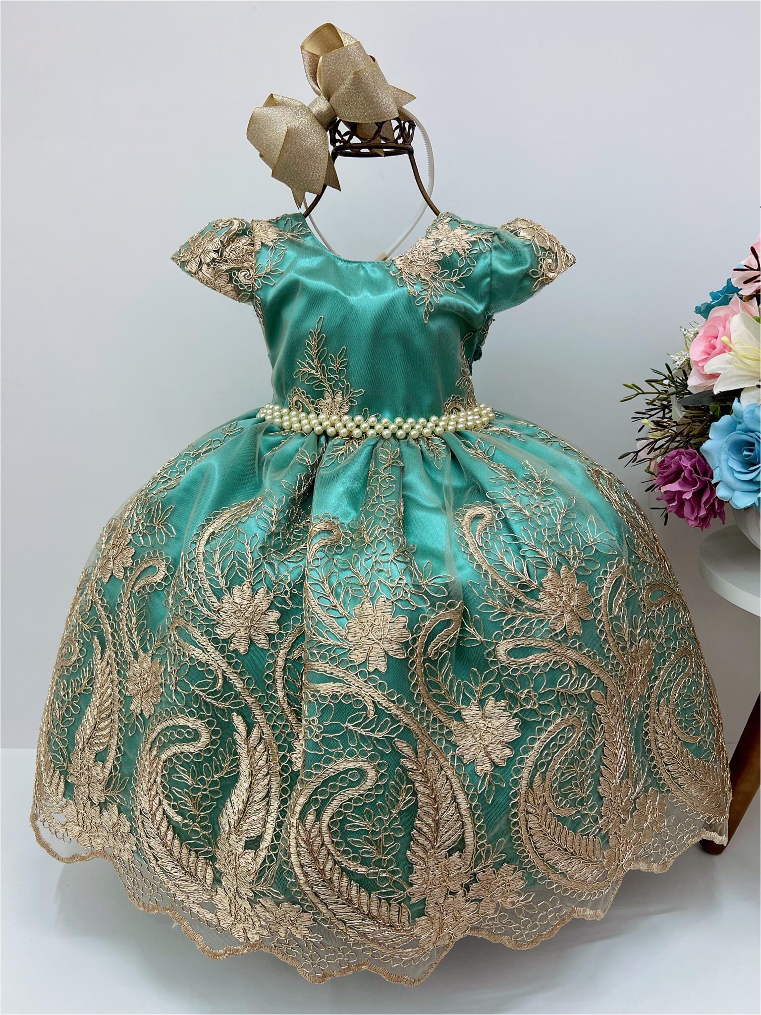 Vestido Infantil Verde Renda Dourada Realeza Cinto de Pérolas
